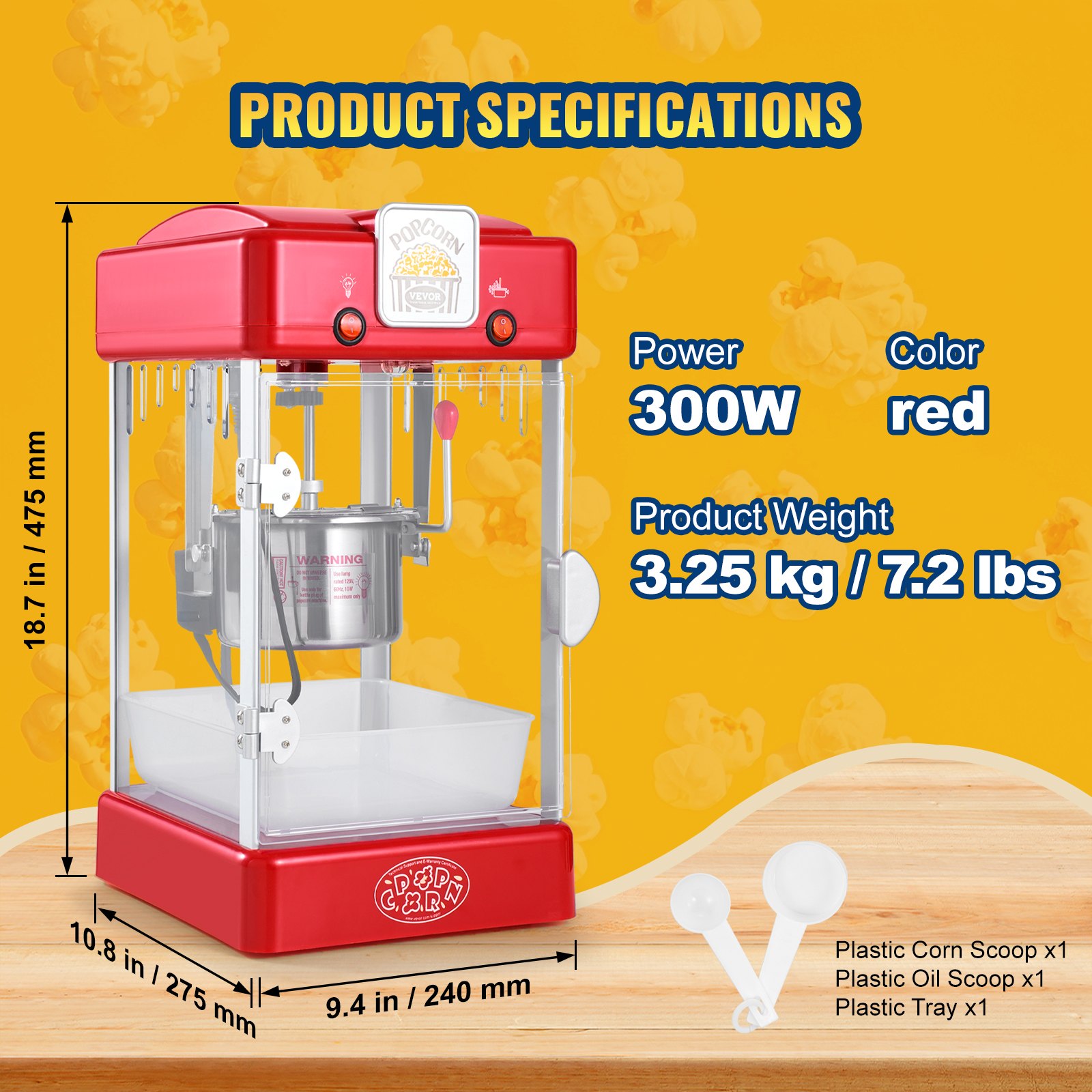 Popcornmaschine – 300 W, 70-ml-Wasserkessel für 4 Liter Popcorn pro Portion, Tischgerät mit PP-Tür, inklusive 2 Spateln und Tablett, Kino-Design, Rot_voghion.com