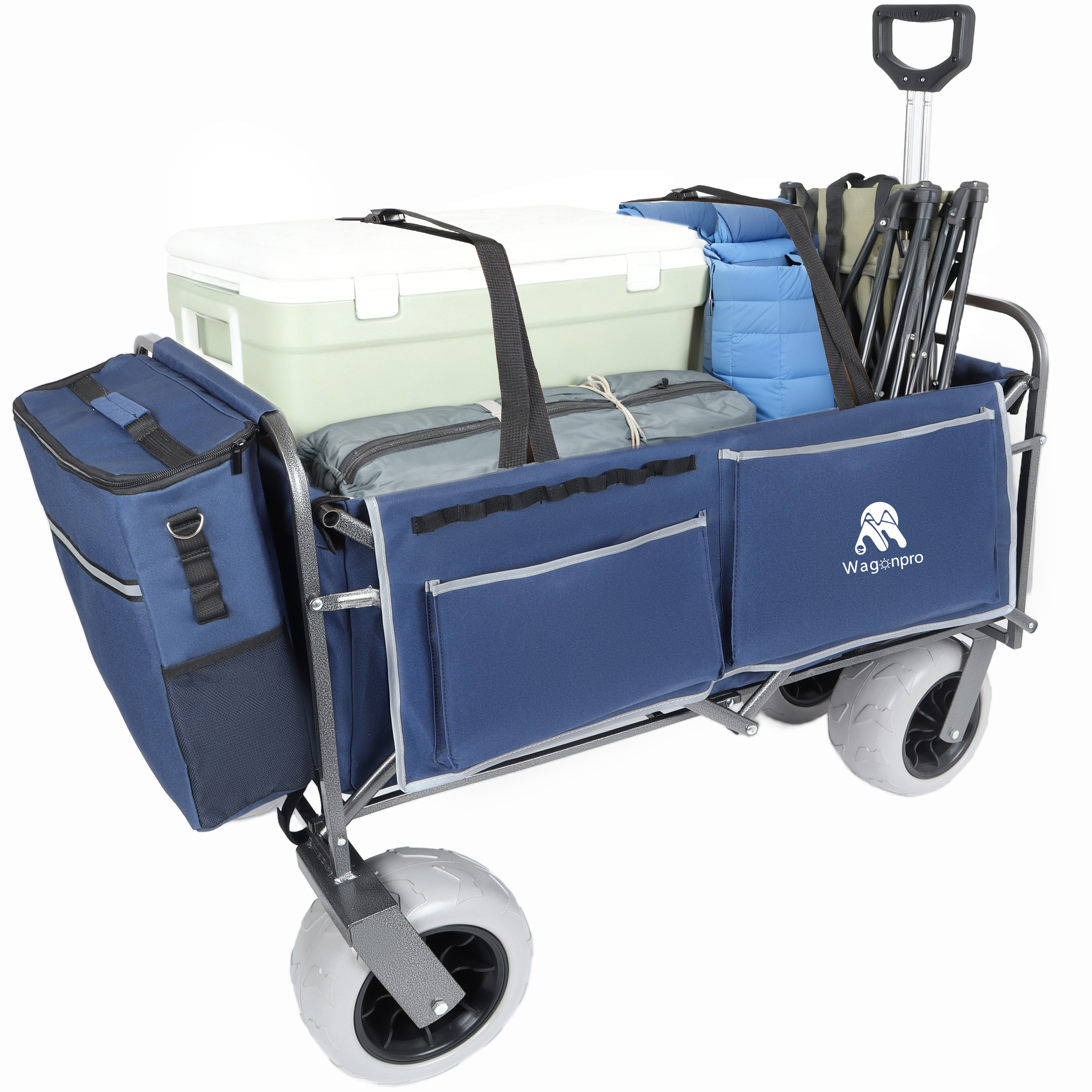 Beach Wagon With Big Wheels For Sand 500lbs Capacity - Patented Design, All Terrain Steel Frame Utility Cart With 9 Pneumatic Tires, Collapsible Folding Design ,strap With Multiuse Bag , Dark Blue