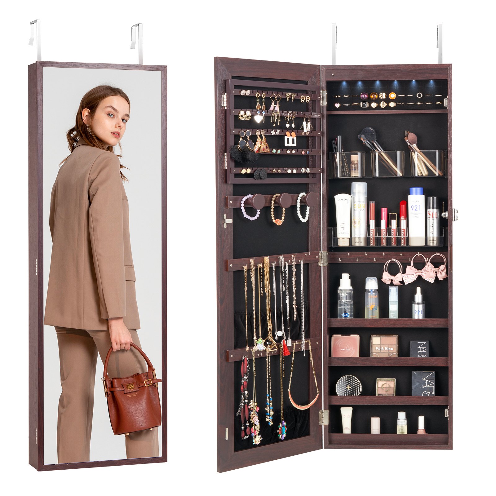 Abschließbarer Schmuckschrank Schmuckspiegelschrank 108cm Hohe, Aufbewahrung Von Juwelen Mit Ganzkörperspiegel, Wandmontage Schmuckspiegel-Organizer Mit LED-Innenbeleuchtung & Samtfutter, Braun