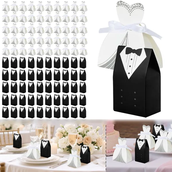 100 Pcs Wedding Favor Boxes With Ribbon Dress Tuxedo Candy Chocolate Gift Box Paper Candy Favor Box Bridal Shower Table Decorations
