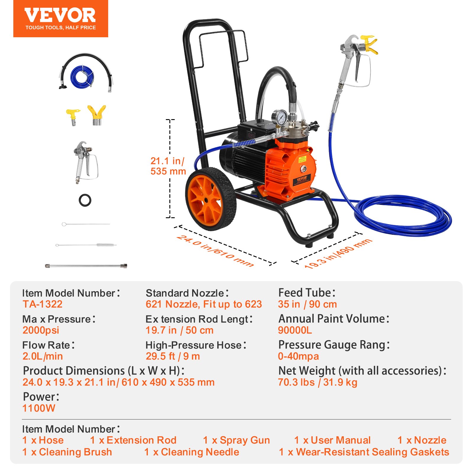 VEVOR Airless-Farbspritzgerät, 1100 W, effizientes Airless-Farbspritzgerät mit Wagen, 2000 Psi Airless-Farbspritzsystem, Verlängerungsrohr_voghion.com