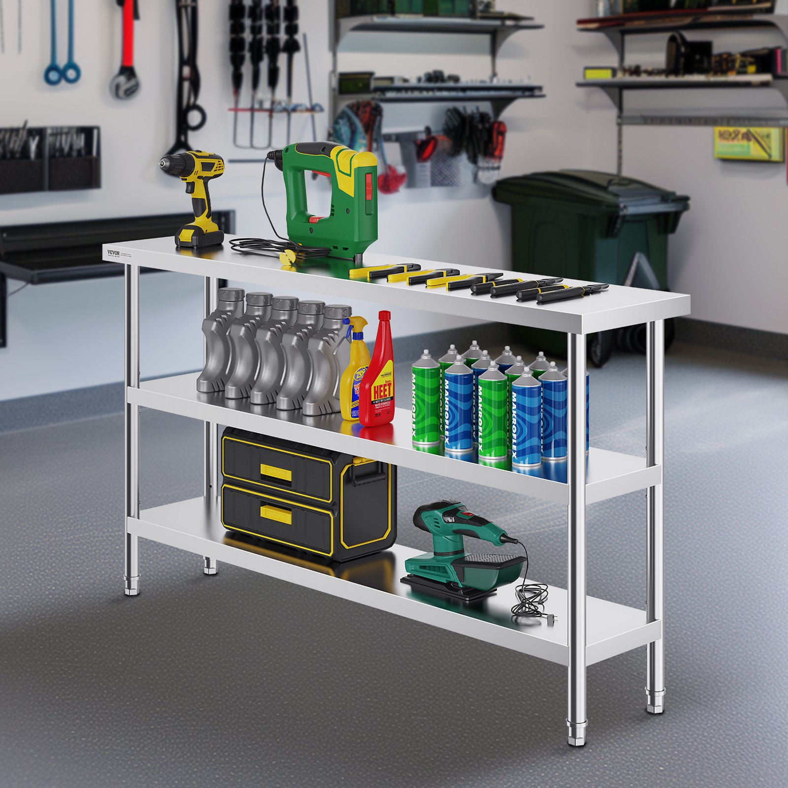 Lebensmittelzubereitungstisch aus Edelstahl – Professioneller Küchenarbeitstisch mit 2 verstellbaren Ablagen, geeignet für Grill, Küche und Garage_voghion.com