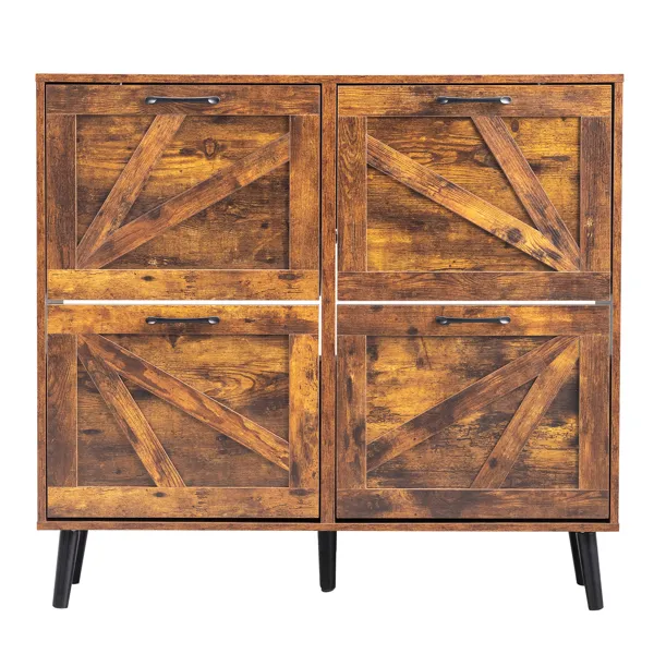 Barn Door With 4 Flip-down Drawers, Black Metal Single-sided Handle + Melamine Particleboard + Black Solid Wood Plastic-sealed Tapered Legs. Shoe Cabinet, 106*24*98cm, Rotten Wood Color 3