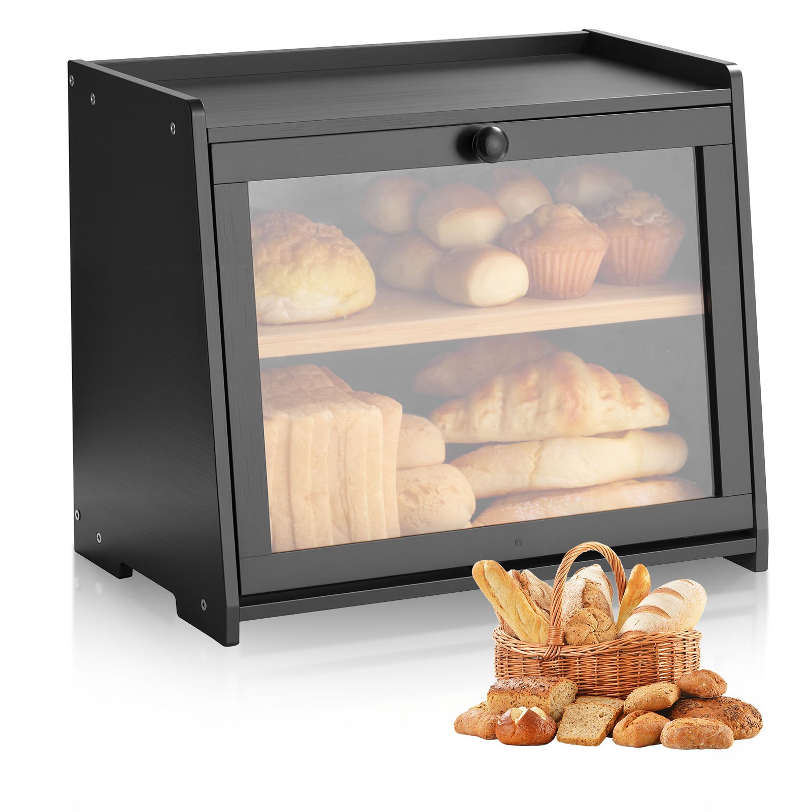 Doppellagiger Brotkasten Für Küchentheke Brotbehälter Brotbox Organizer Aus Holz Für Selbstgebackenes Brot, Aufbewahrungsbehälter Mit Gewellter Acryl-Türplatte, Brotaufbewahrung Schwarz