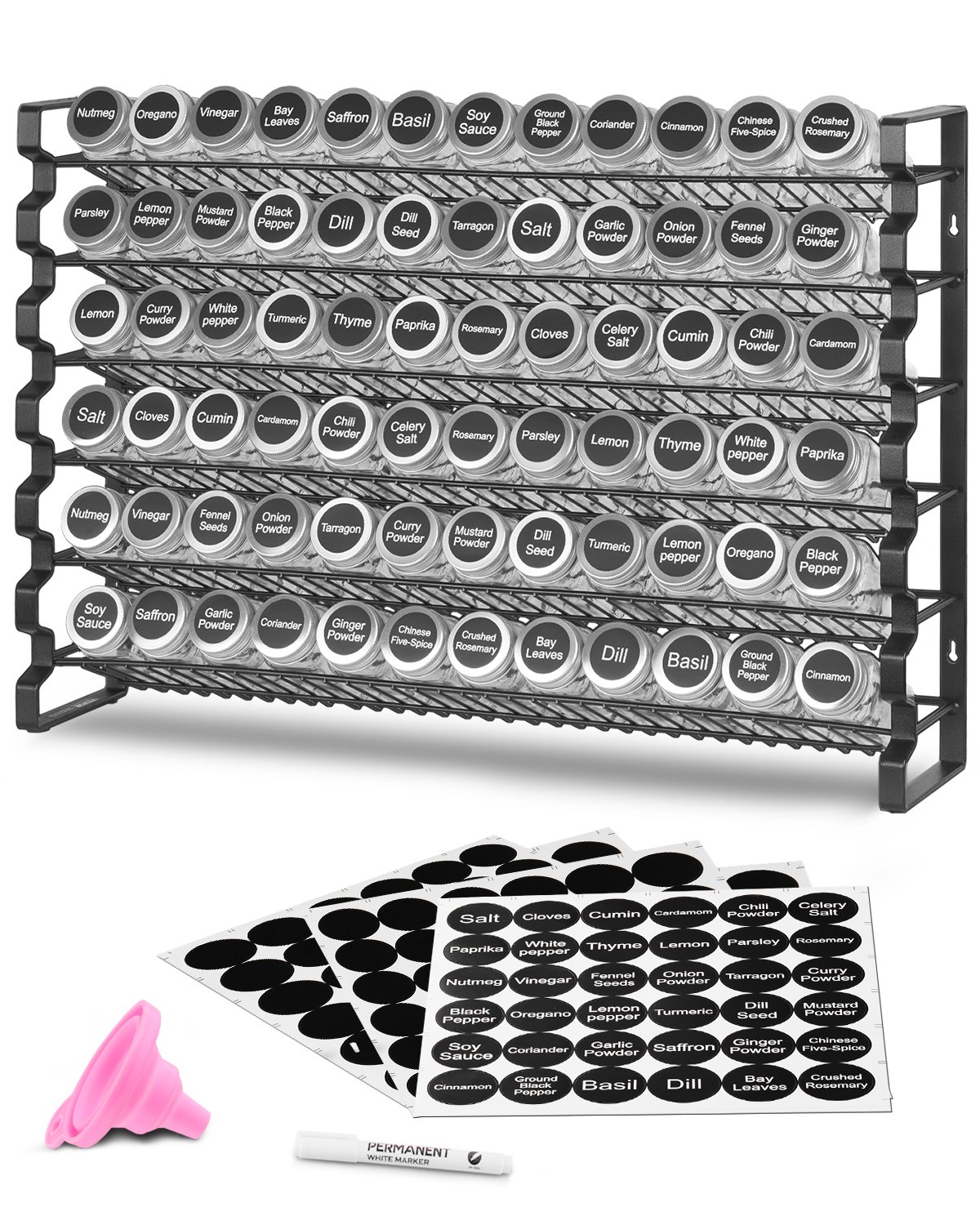 6-stöckiges Gewürzregal Gewürzhalter Mit 72 Leeren Gewürzgläser & Trichter-Komplettset & Gewürzetiketten, Gewürz-Organizer Für Küchen Schrank Speisekammer (591 X 118 X 407 Mm)