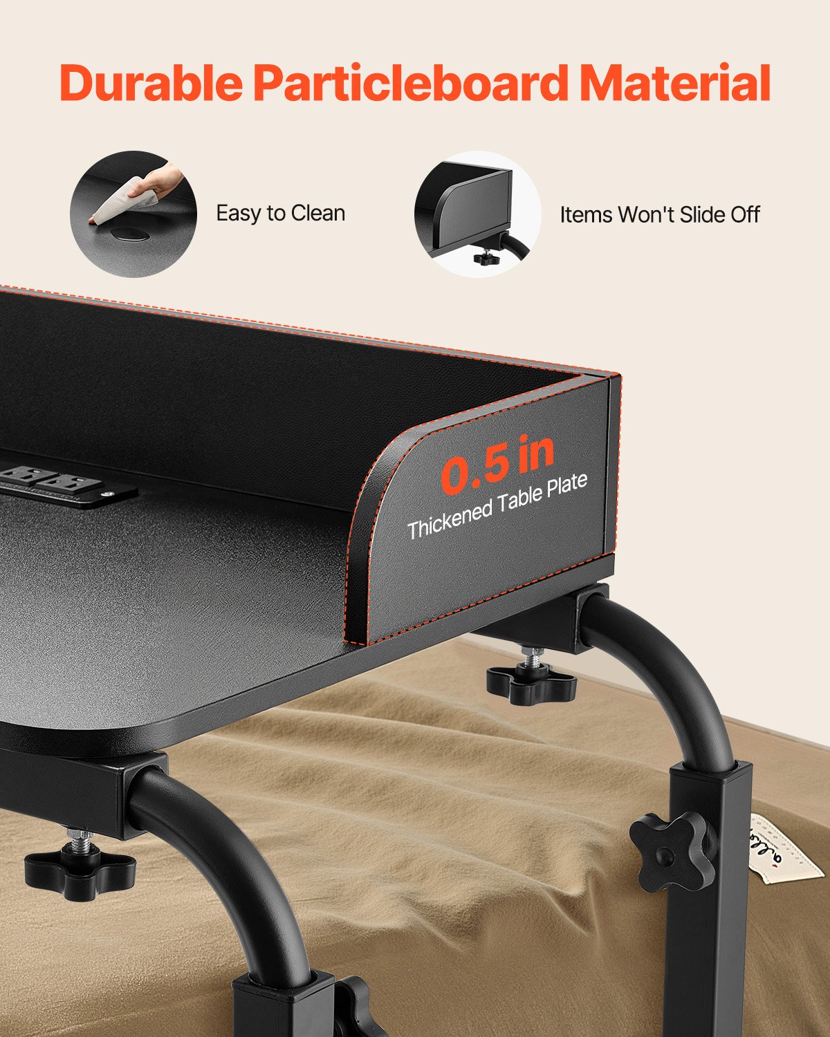 Verstellbarer Nachttisch – Tragbarer Laptop-Rolltisch mit 4 Rollen (2 mit Bremsen) und Steckdose, robuster Nachttisch aus Sperrholz fürs Arbeitszimmer_voghion.com