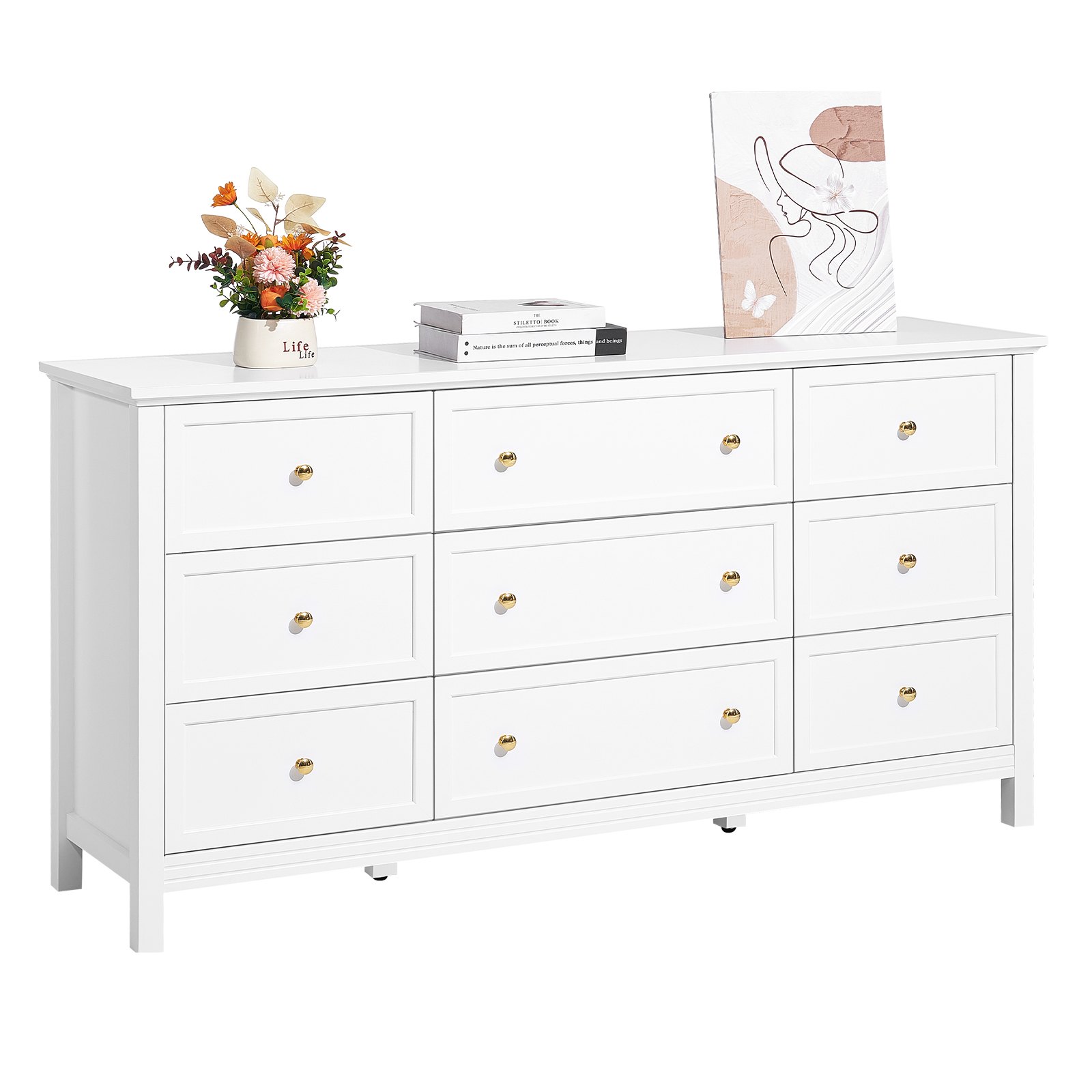Kommode Mit 9 Schubladen, Holzkommode Mit Schiebe- Und Kippschutz, Minimalistischer Retro-Schubladenschrank TV-Ständer, Organizer Für Wohnzimmer Schlafzimmer Eingangsbereich (weiß)