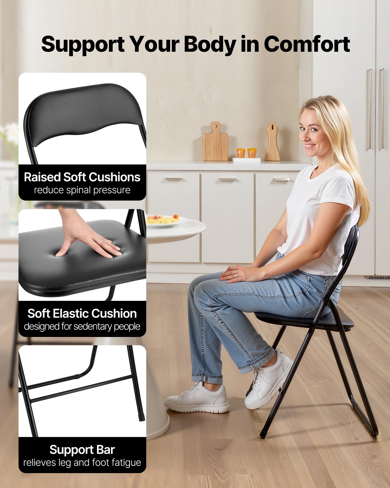 4er-Set faltbare Lederstühle – Tragbare Campingstühle mit Metallrahmen und gepolstertem Sitzkissen, stapelbar für drinnen und draußen, Schwarz_voghion.com