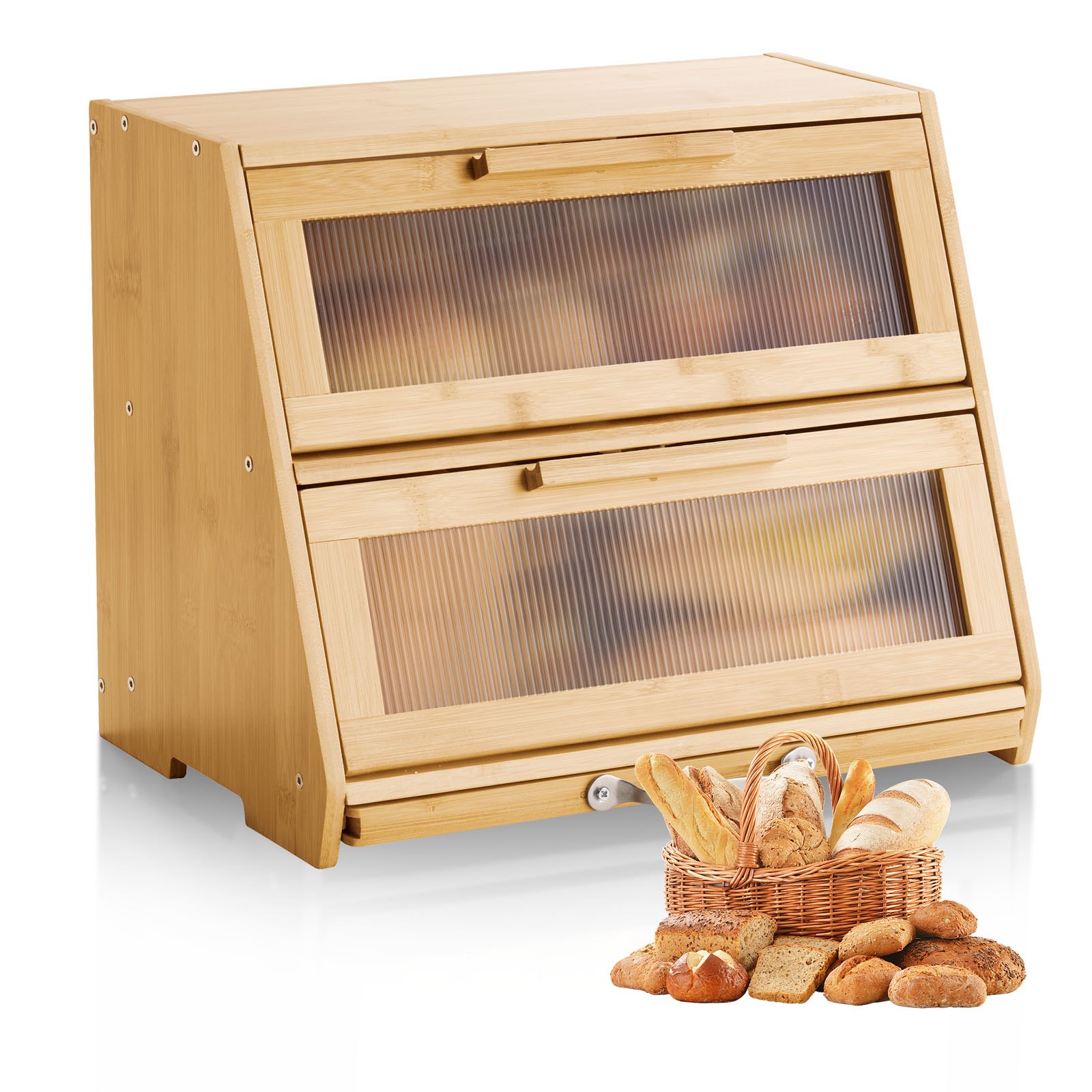 Doppellagiger Brotkasten Für Küchentheke Brotbehälter Brotbox Brot-Organizer Aus Holz Für Selbstgebackenes Brot, Aufbewahrungsbehälter Mit Gewellter Acryl-Türplatte, Brotaufbewahrung Natur