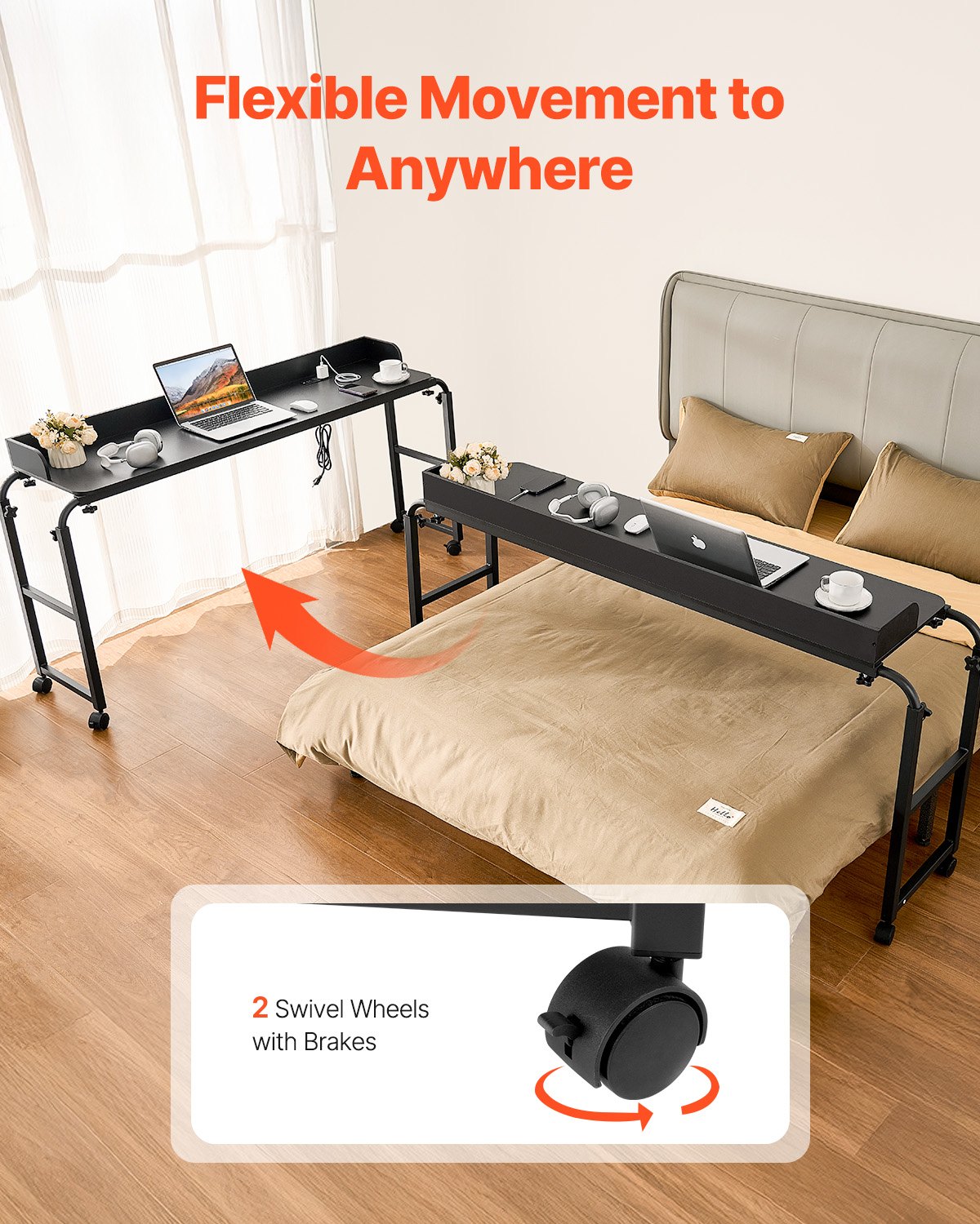 Verstellbarer Nachttisch – Tragbarer Laptop-Rolltisch mit 4 Rollen (2 mit Bremsen) und Steckdose, robuster Nachttisch aus Sperrholz fürs Arbeitszimmer_voghion.com