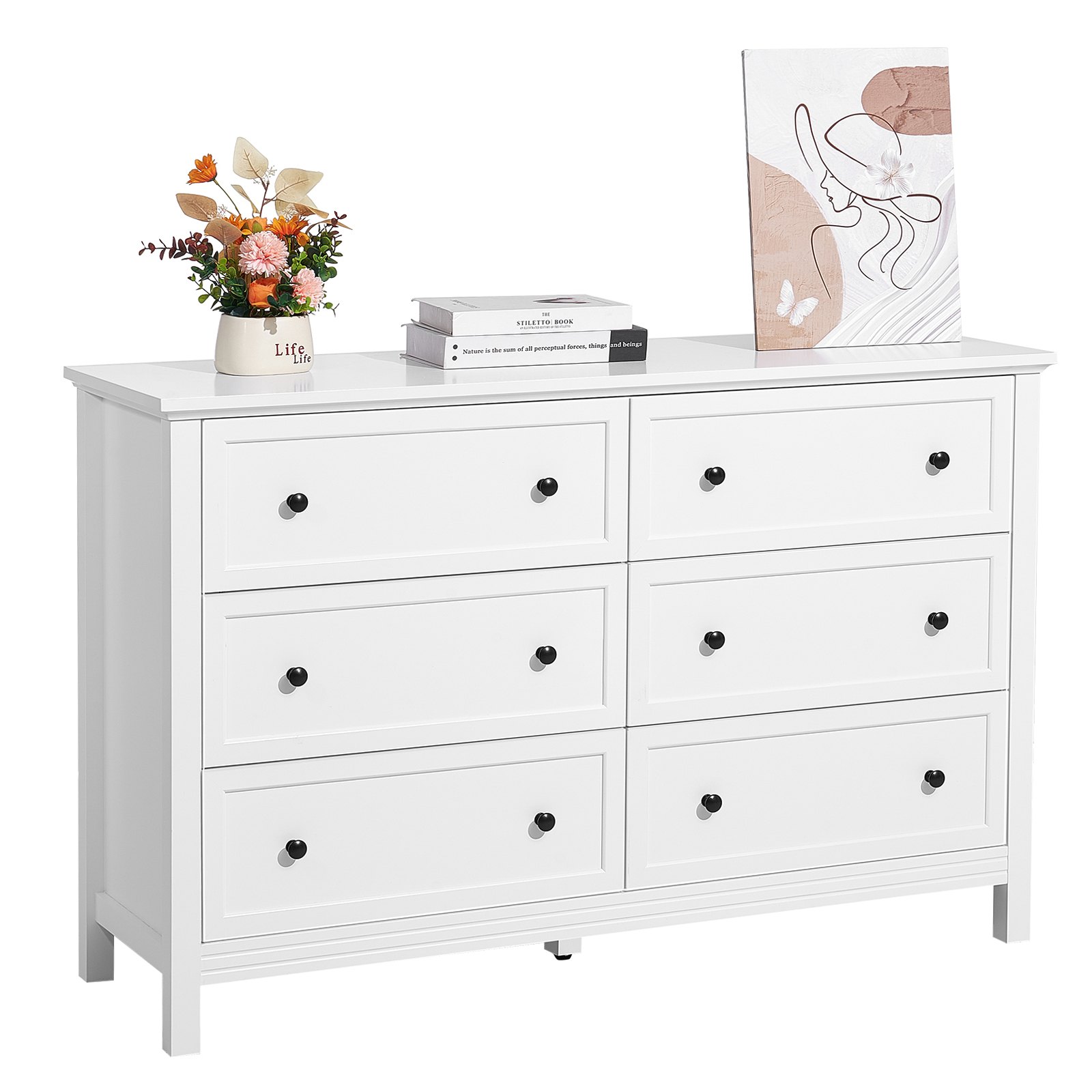 Kommode Mit 6 Schubladen, Holzkommode Mit Schiebe- Und Kippschutz, Minimalistischer Retro-Schubladenschrank TV-Ständer, Organizer Für Wohnzimmer Schlafzimmer Eingangsbereich (weiß)