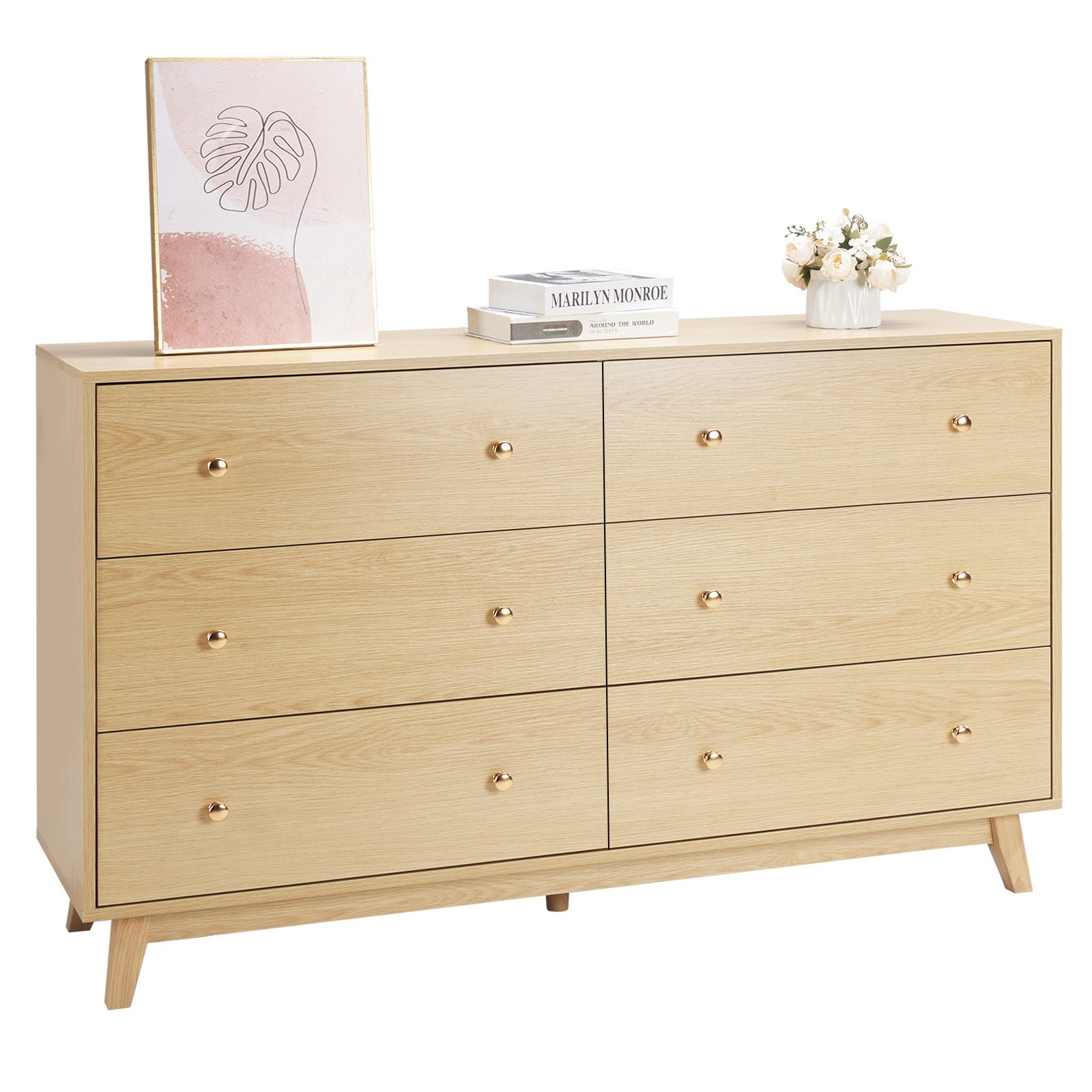 Kommode Mit 6 Schubladen & Kippschutz, Minimalistischer Moderner Schubladenschrank (39,9 X 137,2 X 81,3 Cm) Organizer Schubladenkommode Für Wohnzimmer Schlafzimmer Eingangsbereich (helles Holz)