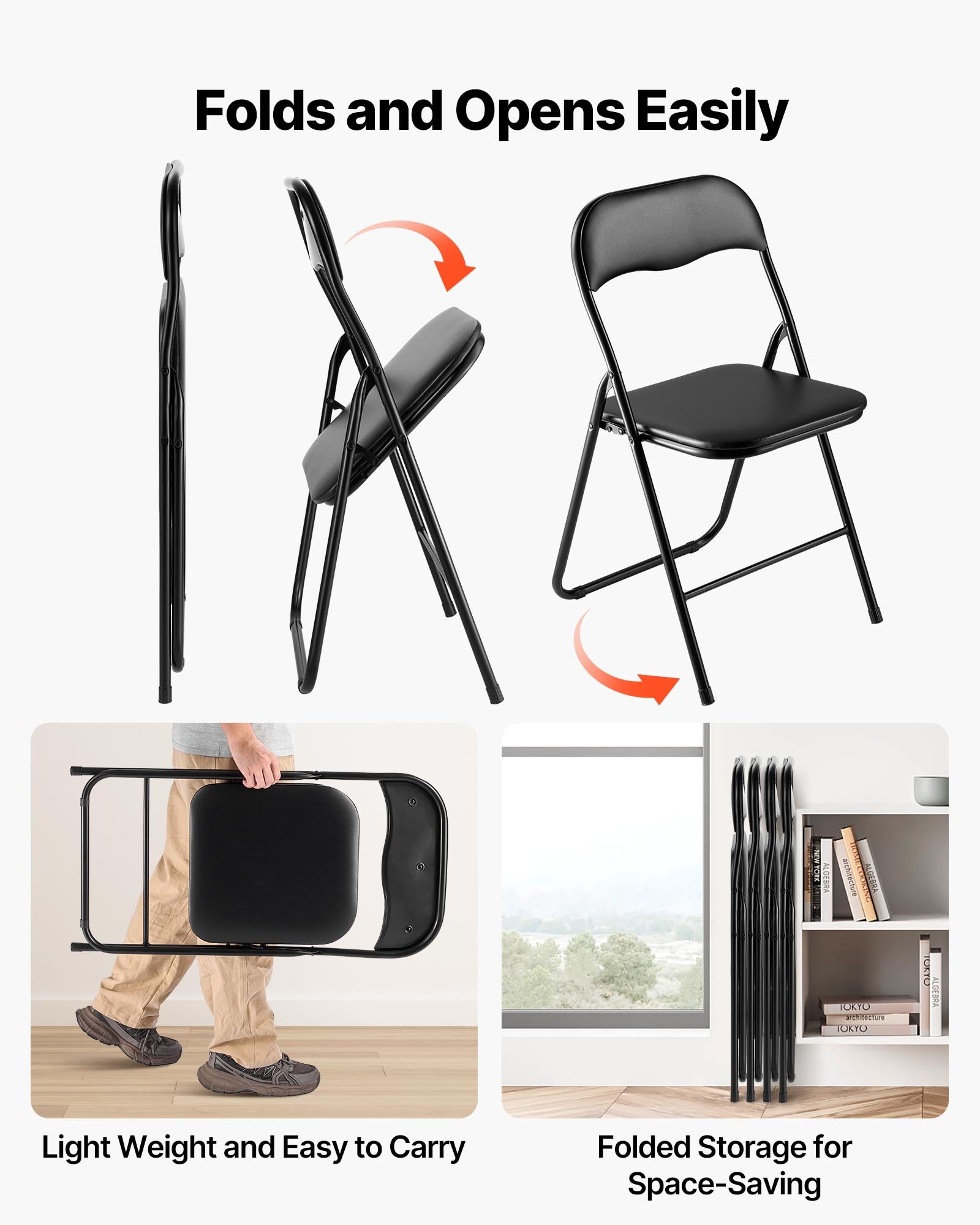4er-Set faltbare Lederstühle – Tragbare Campingstühle mit Metallrahmen und gepolstertem Sitzkissen, stapelbar für drinnen und draußen, Schwarz_voghion.com