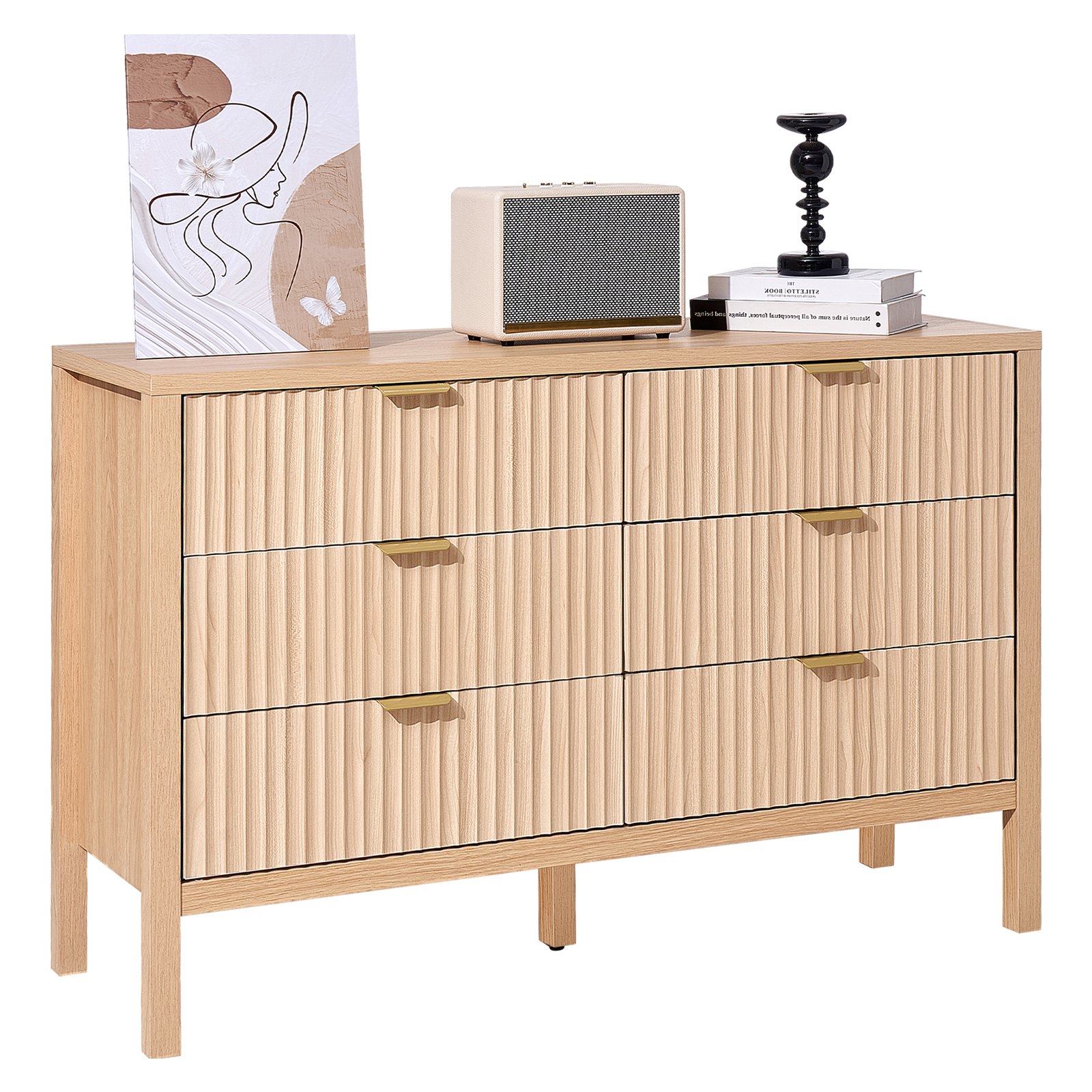 Kommode Mit 6 Geriffelten Schubladen & Schiebe- Und Kippschutz, Minimalistischer Moderner Schubladenschrank Organizer Für Wohnzimmer Schlafzimmer Eingangsbereich Flur (helles Holz)