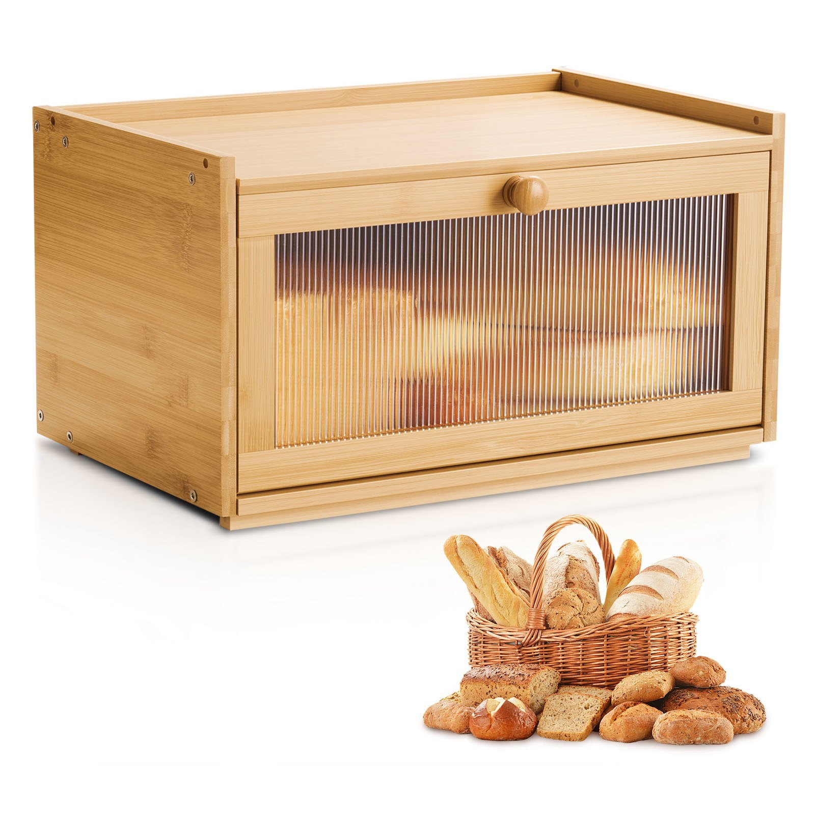 Brotkasten Für Küchentheke Brotbehälter Brotbox Brot-Organizer Aus Holz Für Selbstgebackenes Brot, Aufbewahrungsbehälter Mit Gewellter Acryl-Türplatte, Brotaufbewahrung Natur