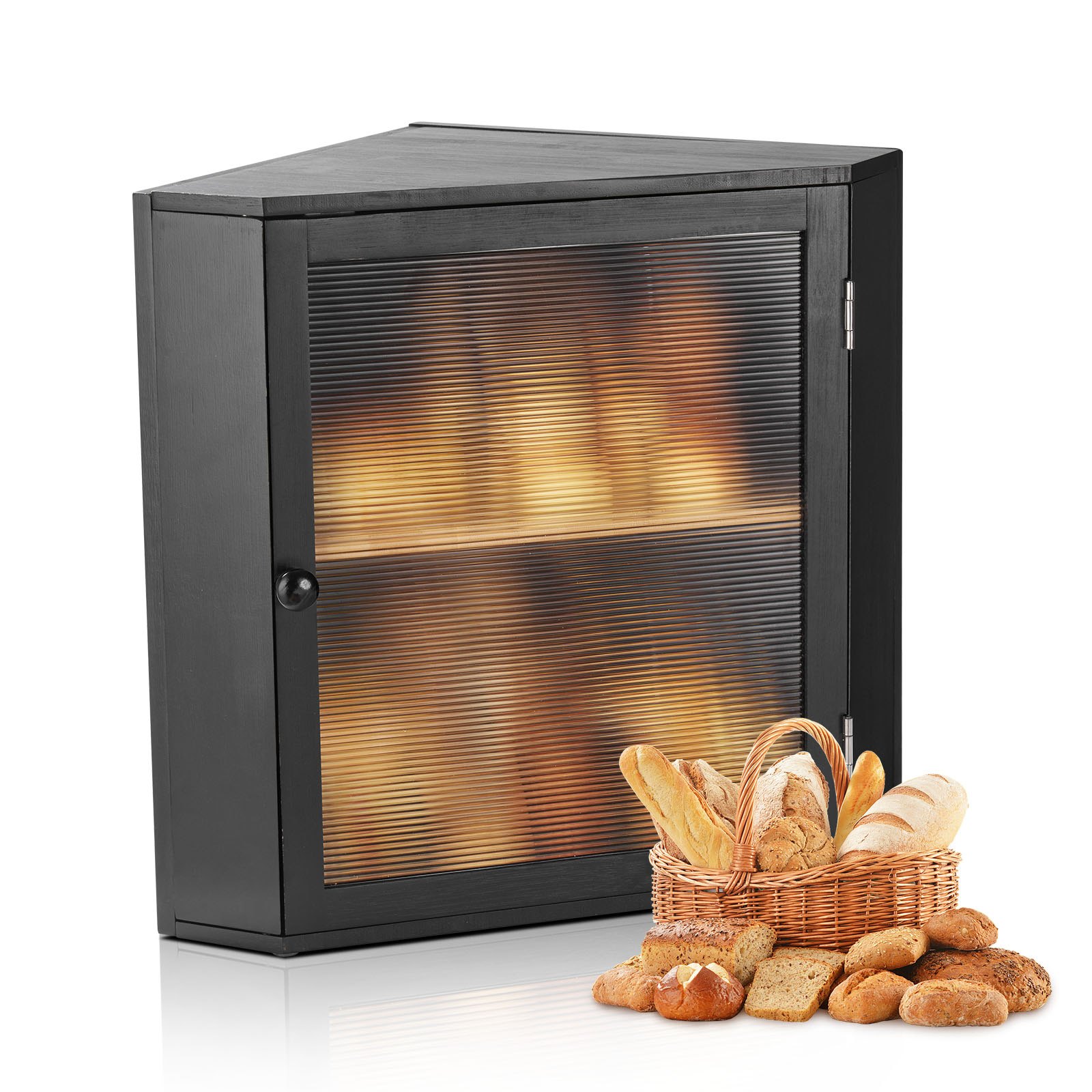 Eck-Brotkasten Doppellagiger Brotbehälter Brotbox Organizer Aus Holz Für Selbstgebackenes Brot, Aufbewahrungsbehälter Mit Gewellter Acryl-Türplatte, Brotaufbewahrung Lagerung Schwarz