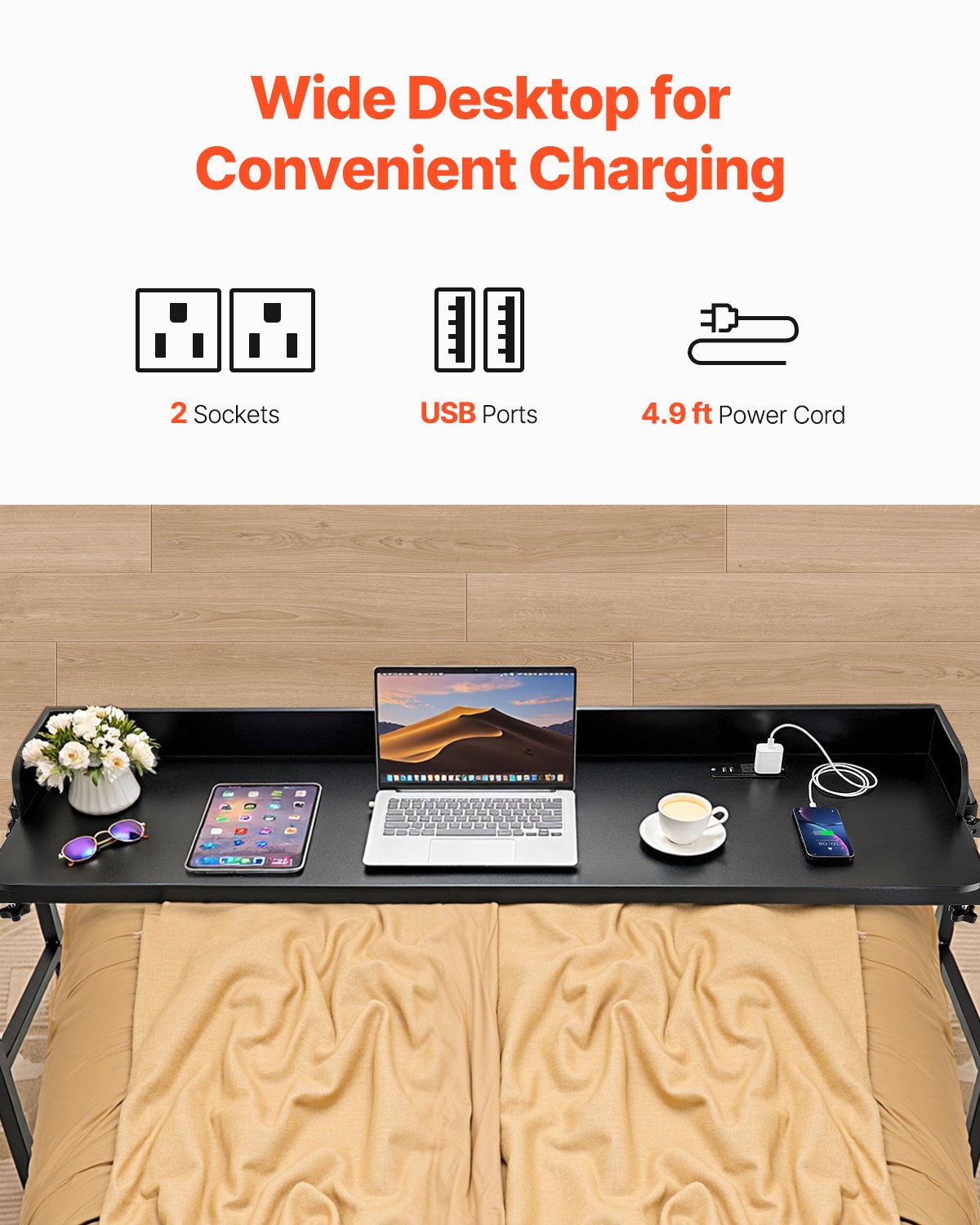 Verstellbarer Nachttisch – Tragbarer Laptop-Rolltisch mit 4 Rollen (2 mit Bremsen) und Steckdose, robuster Nachttisch aus Sperrholz fürs Arbeitszimmer_voghion.com