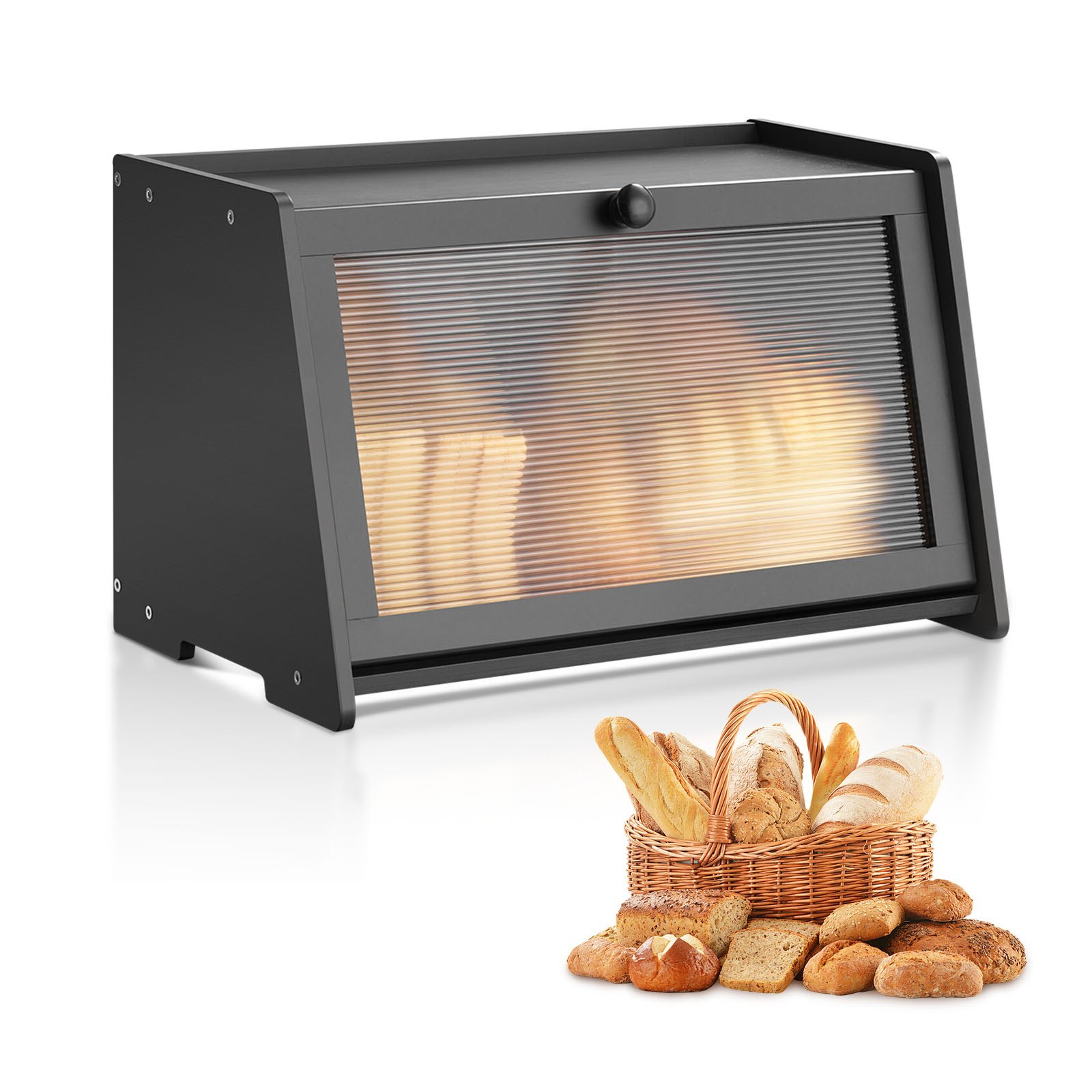 Brotkasten Für Küchentheke Brotbehälter Brotbox Brot-Organizer Aus Holz Für Selbstgebackenes Brot, Aufbewahrungsbehälter Mit Gewellter Acryl-Türplatte, Brotaufbewahrung Schwarz