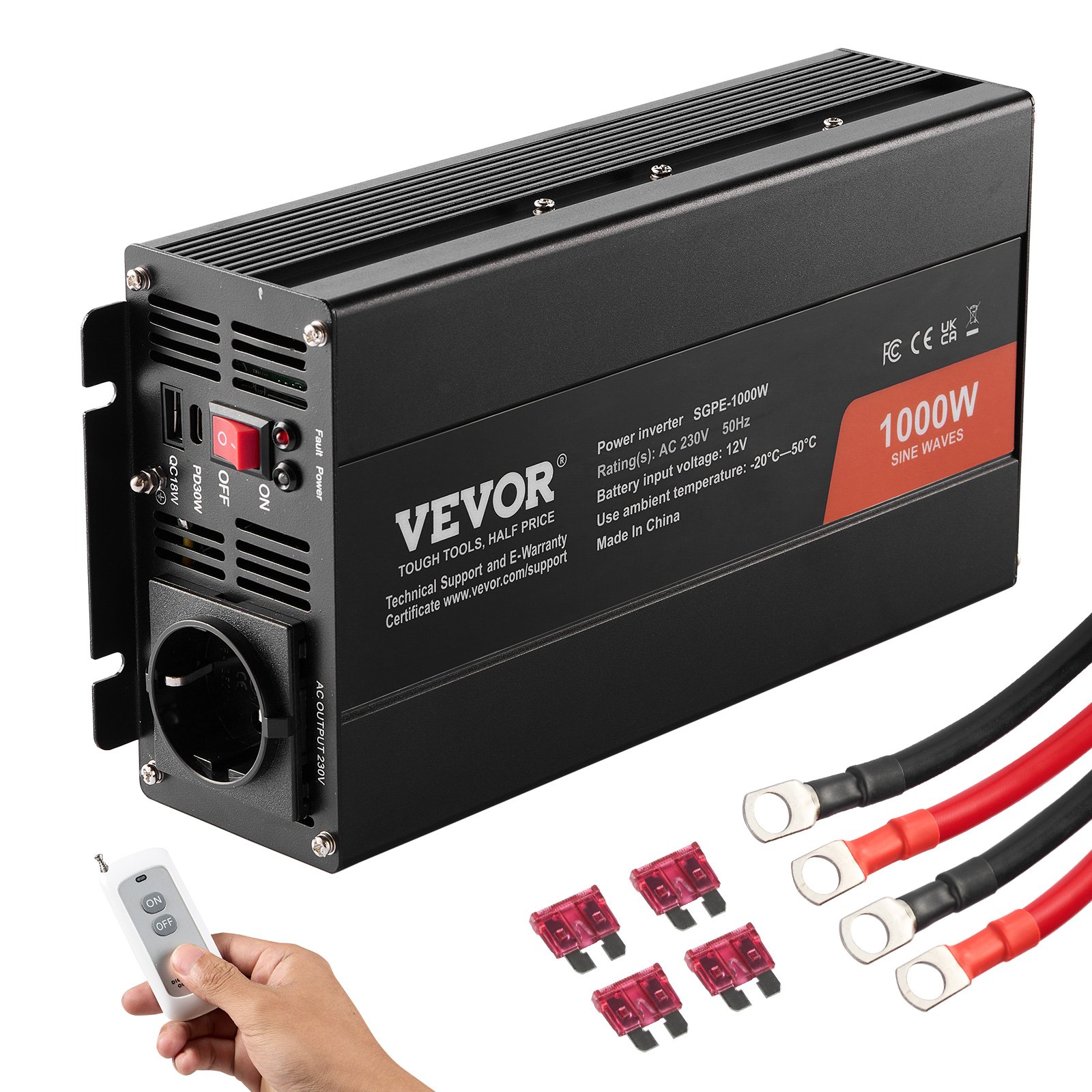 Wechselrichter Mit Reiner Sinuswelle 1000w DC 12v AC 230v Spannungswandler Mit 1 AC-Steckdosen 1 USB-Anschlüssen 1 Typ-C-Anschluss Fernbedienung Für Kleine Heimgeräte Wie Smartphon