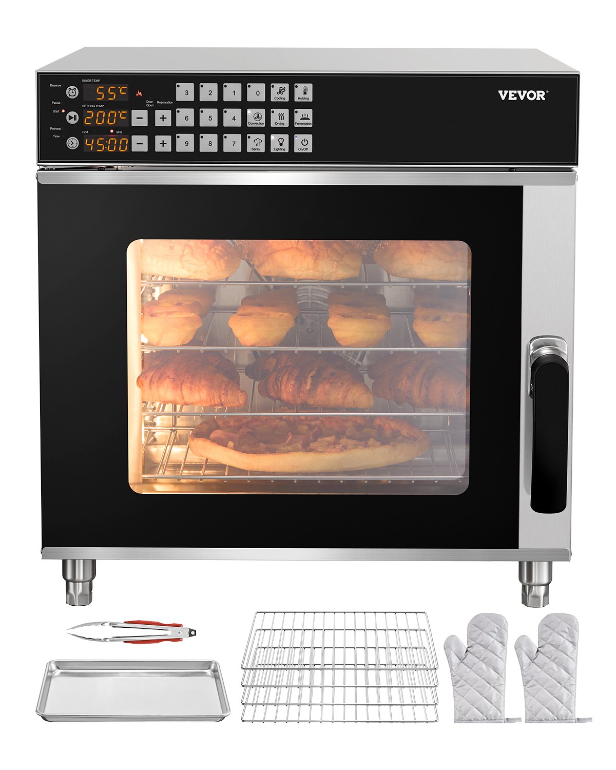 Kommerzieller Konvektionsofen Konventioneller Arbeitsplattenofen 58 L 2800 W Toasterofen Mit Tür Aus Gehärtetem Glas, Elektrischer Backofen Mit Drahtgitter & Klemmtablett-Handschuhen
