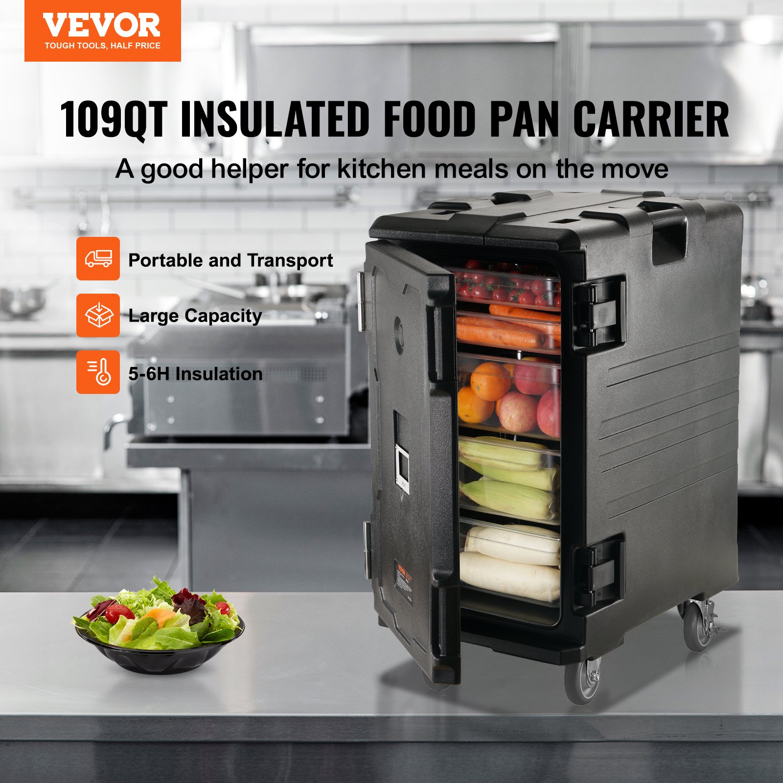 Isolierter Speisebehälter – Frontlader, Catering-Box mit Rollen, 120 l, Schwarz_voghion.com