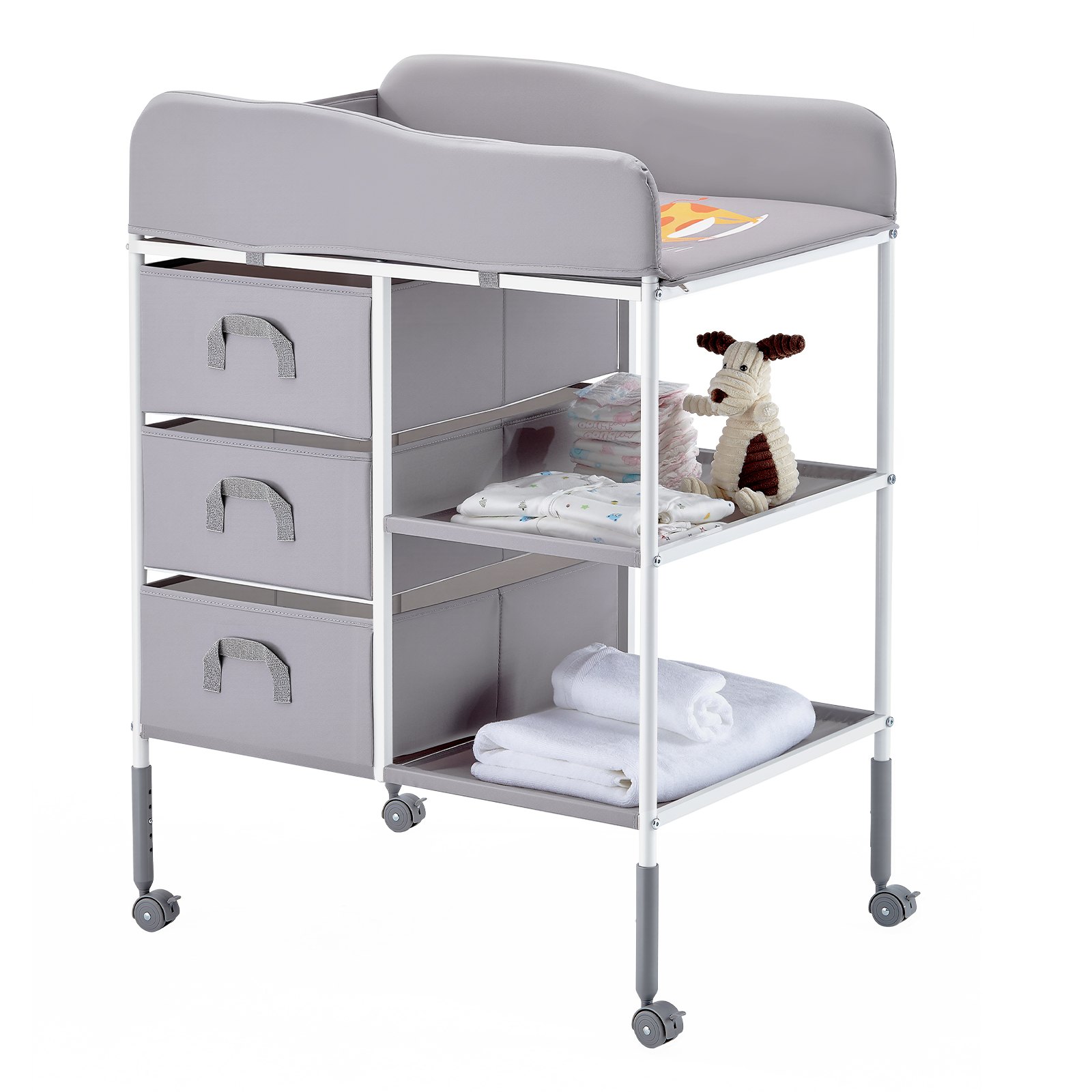 Wickeltisch Tragbare Wickelstation Mit 3 Stoffschubladen & Feststellbaren Rädern, Höhenverstellbarer Multifunktionaler Baby-Wickelkombi Mit Aufbewahrungs-Organizer Fürs Kinderzimmer Grau