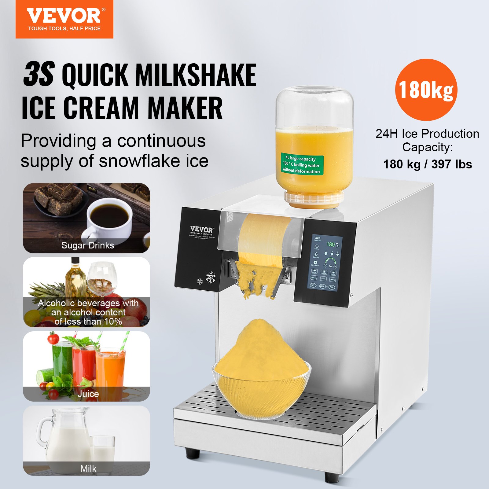 Kommerzielle Schneeflocken-Eismaschine Schneeeisbereiter, 180 Kg/24 H Schneeflocken-Eismaschine, Edelstahl-Eisrasierer, Elektrischer Schneekegel-Maker Mit Flüssigkeitskühlsystem & Touch-LCD
