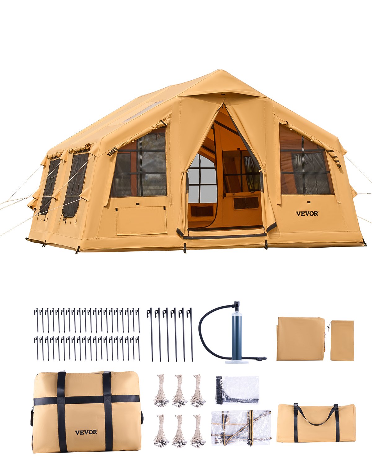 Aufblasbares Zelt Für Camping 8-12 Personen Mit Handpumpe, 4,8x3,6x2,2 M Glamping-Zelt Mit 2 Oberlichtern, Baldachin, Ofenanschluss, 2 Türen & Netzfenstern, Aufbewahrungstasche