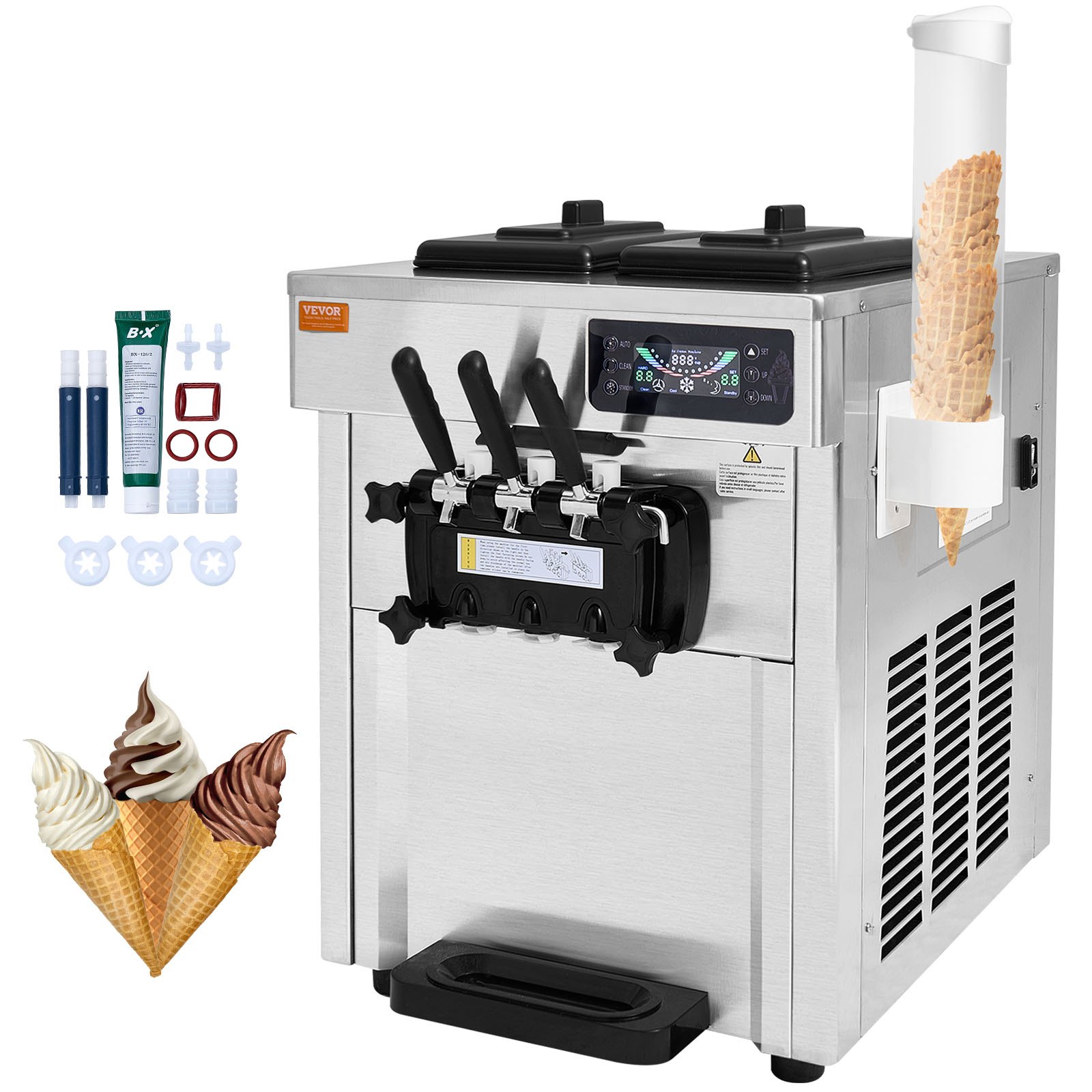 Kommerzielle Eismaschine 18–28 L/h, 3 Geschmacksrichtungen, Italienische Eismaschine, 2 X 5,5 L Trichter, LCD-Panel, Automatische Vorkühlung, Reinigung, Für Joghurt, Kaffee, Snackbar, Restaurant