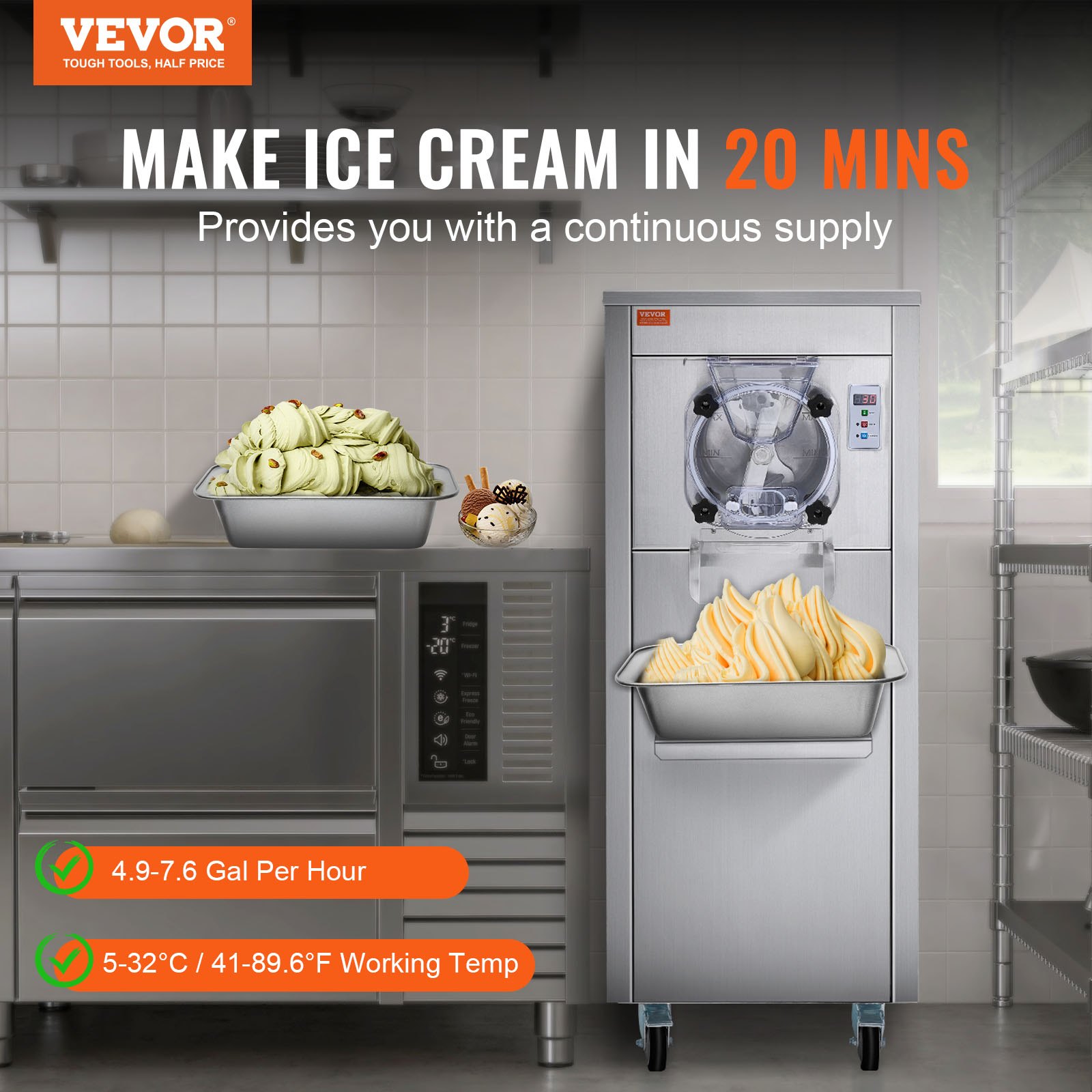 Kommerzielle Eismaschine, 18 L/h Leistung, Einzelgeschmacksrichtung Harteismaschine Mit Rädern, 6 L Edelstahlzylinder, LED-Panel, Automatische Vorkßhlung Mit Reinigung, Fßr Restaurant-Snackbars