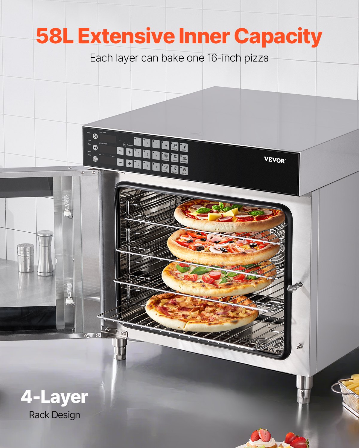 Kommerzieller Konvektionsofen Konventioneller Arbeitsplattenofen 58 L 2800 W Toasterofen Mit Tßr Aus Gehärtetem Glas, Elektrischer Backofen Mit Drahtgitter & Klemmtablett-Handschuhen