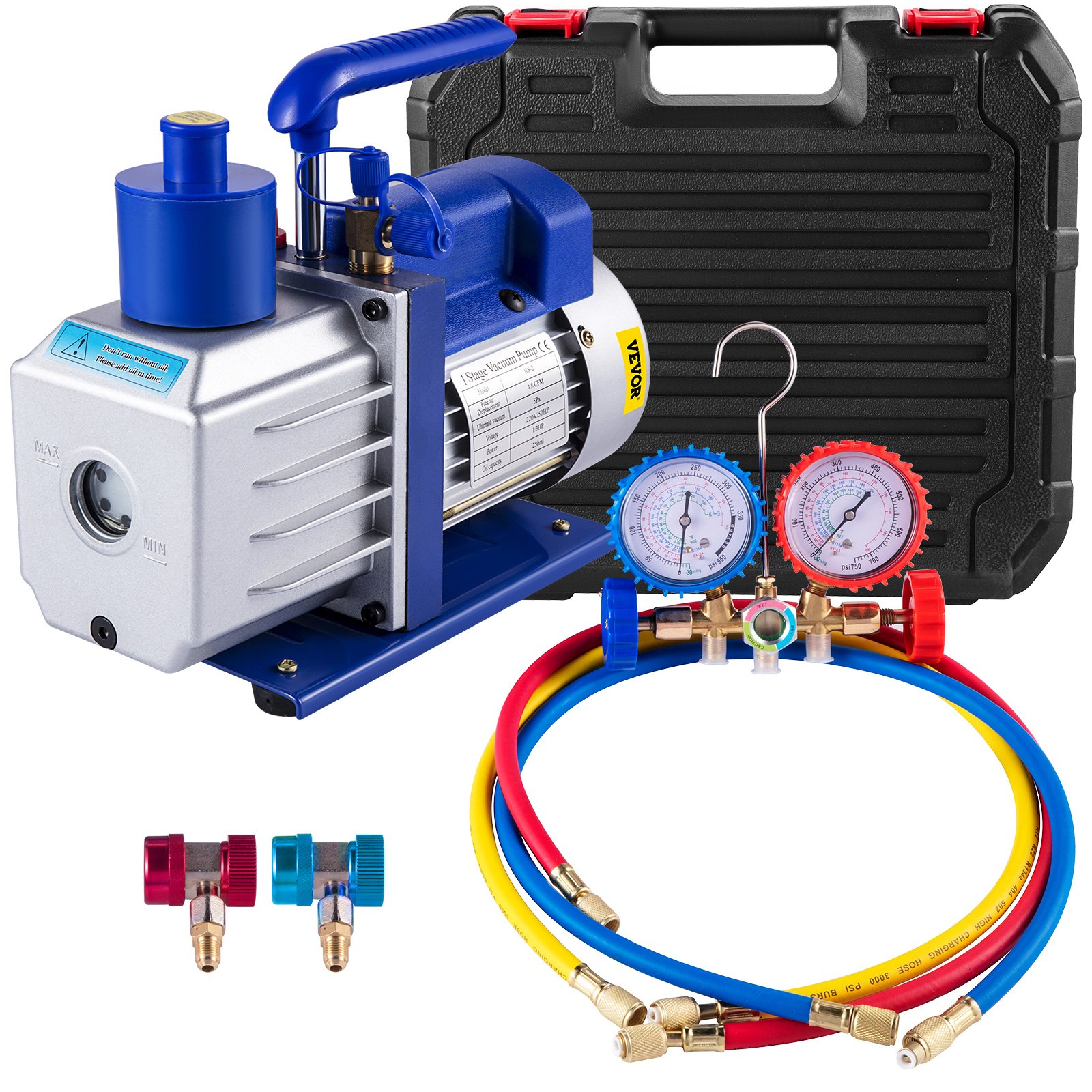 VEVOR Vakuumpumpe, 283 l/min (4,8 CFM), 249 W (1/3 PS), 5 Pa, Kältemittel, mit Multifunktionsmanometer und komplettem Zubehörset_voghion.com