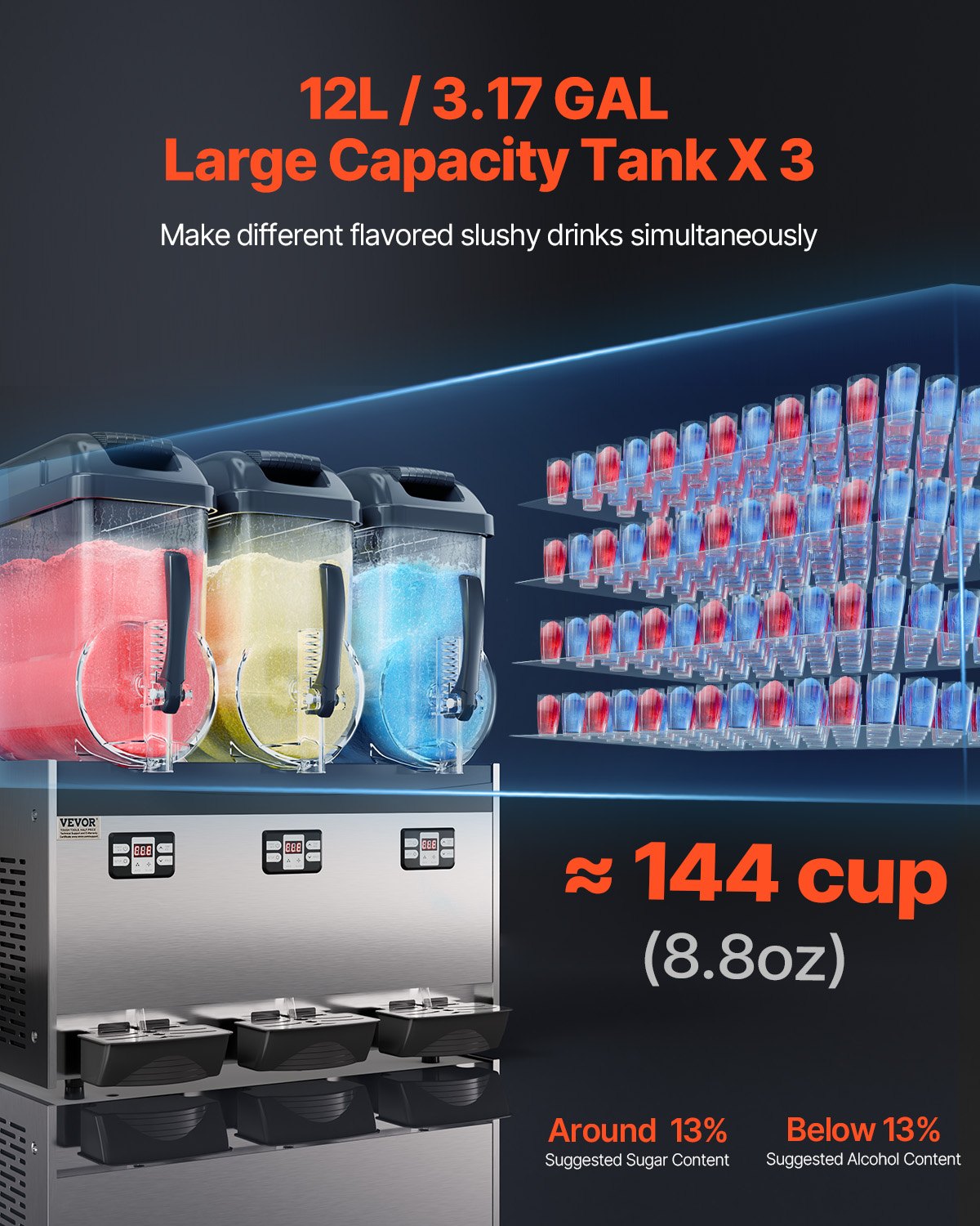 Kommerzielle Slusheis Maschine 12 L X 3 Dreifachtank-Maschine Fßr Gefrorene Getränke, 144 Tassen Edelstahl Slush-Eis-Maschine Mit Tastenfeld Softeis Maker Fßr Partys Restaurants CafÊs Bars