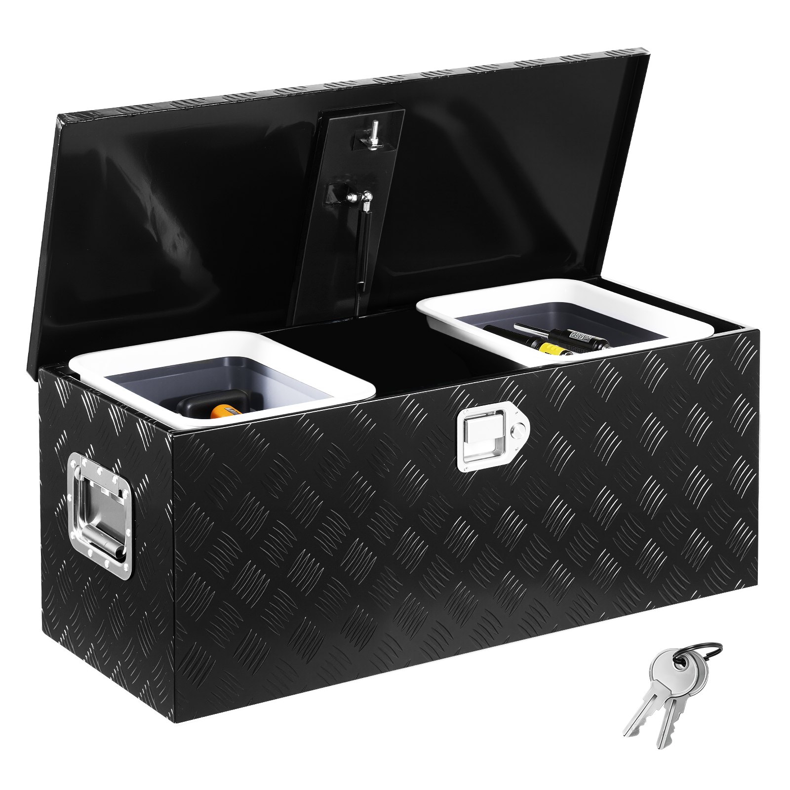 Werkzeugkasten Aus Aluminium Für Die Ladefläche, Gestreifte Werkzeugkiste (899 X 370 X 370 Mm) Mit Seitlichem Griff & Ausziehbarem Regal, Aufbewahrungs-Organizer Für Anhänger Schwarz