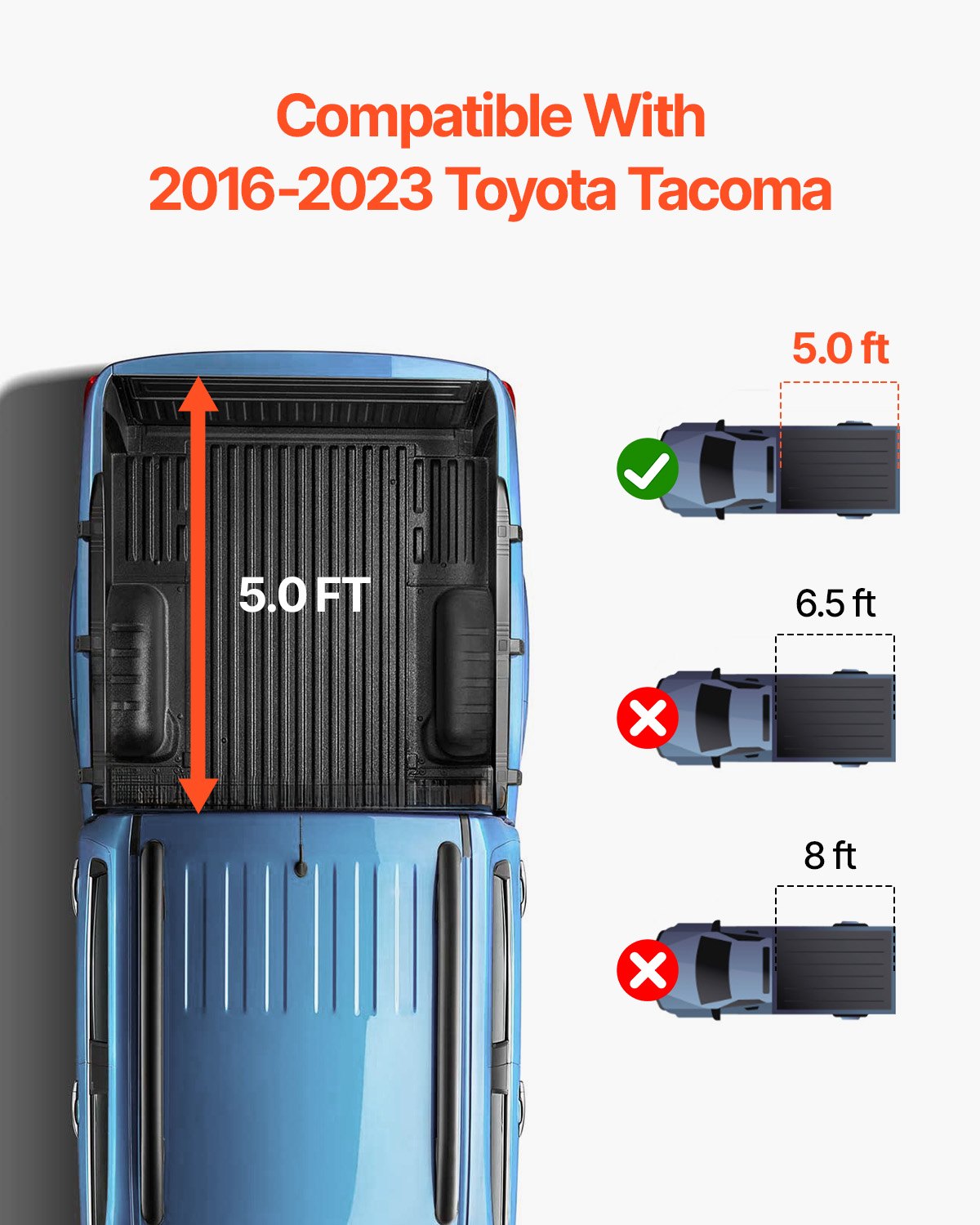 JiaYao Tacoma tri-fold tonneau cover folded open revealing integrated LED cargo light illuminating truck bed