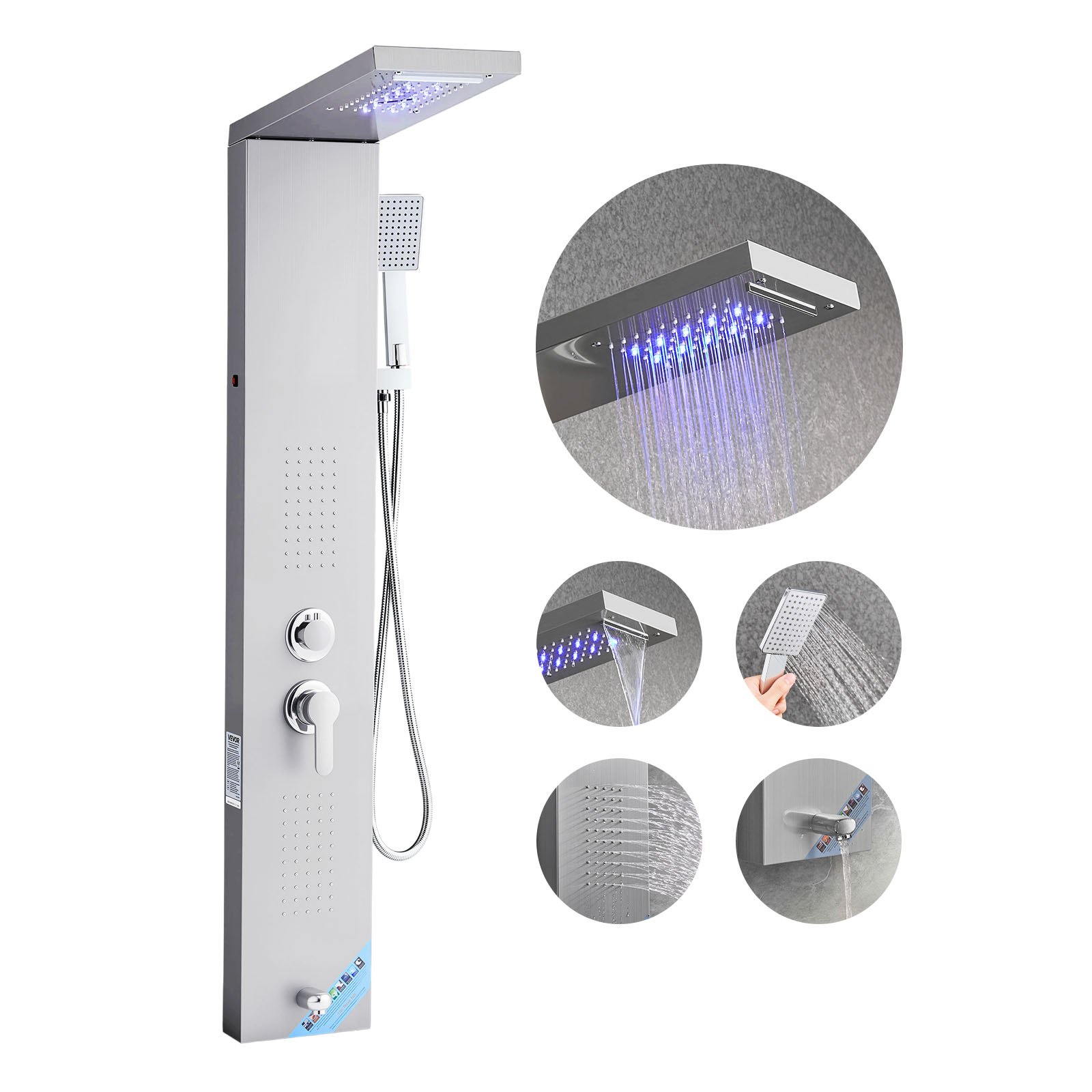 Duschpaneel-Turmsystem (5 Modi) Mit Regenwasserfall-Duschkopf & LED, (1345 Mm) Duschsäule Aus Gebürstetem Edelstahl, Regenmassagesystem Zur Wandmontage, Mit Handbrause & Wannenauslauf_voghion.com