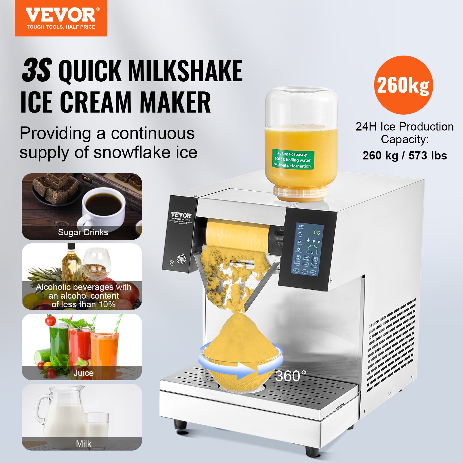 Kommerzielle Schneeflocken-Eismaschine Schneeeisbereiter, 260 Kg/24 HSchneeflocken-Eismaschine, Edelstahl-Eisrasierer, Elektrischer Schneekegel-Maker Mit Luftkühlsystem & Touch-LCD