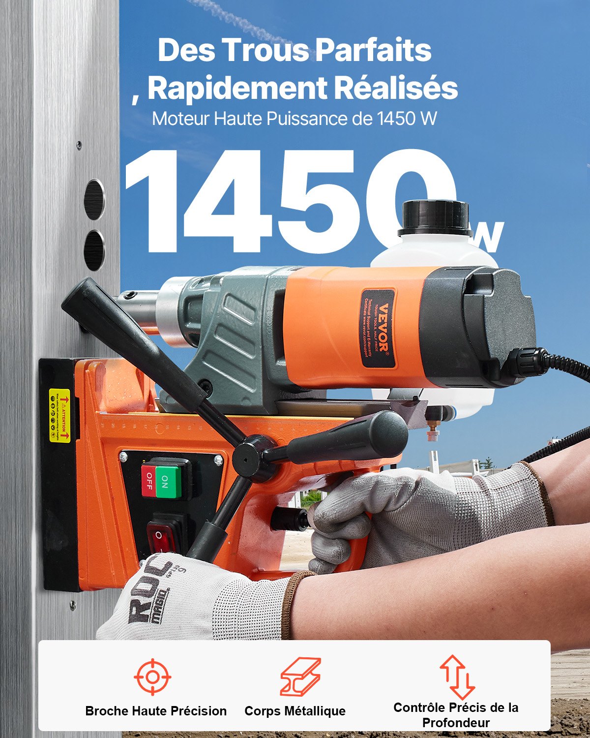 Profi Kernbohrmaschine Magnetbohrmaschine Magnetkraft 12500 N, 850 U/min 1450 W Magnetbohrmaschine 40 Mm Max. Bohrdurchmesser, Magnetkernbohrsystem Für Schiffsbau, Brückenbau Usw. Orange