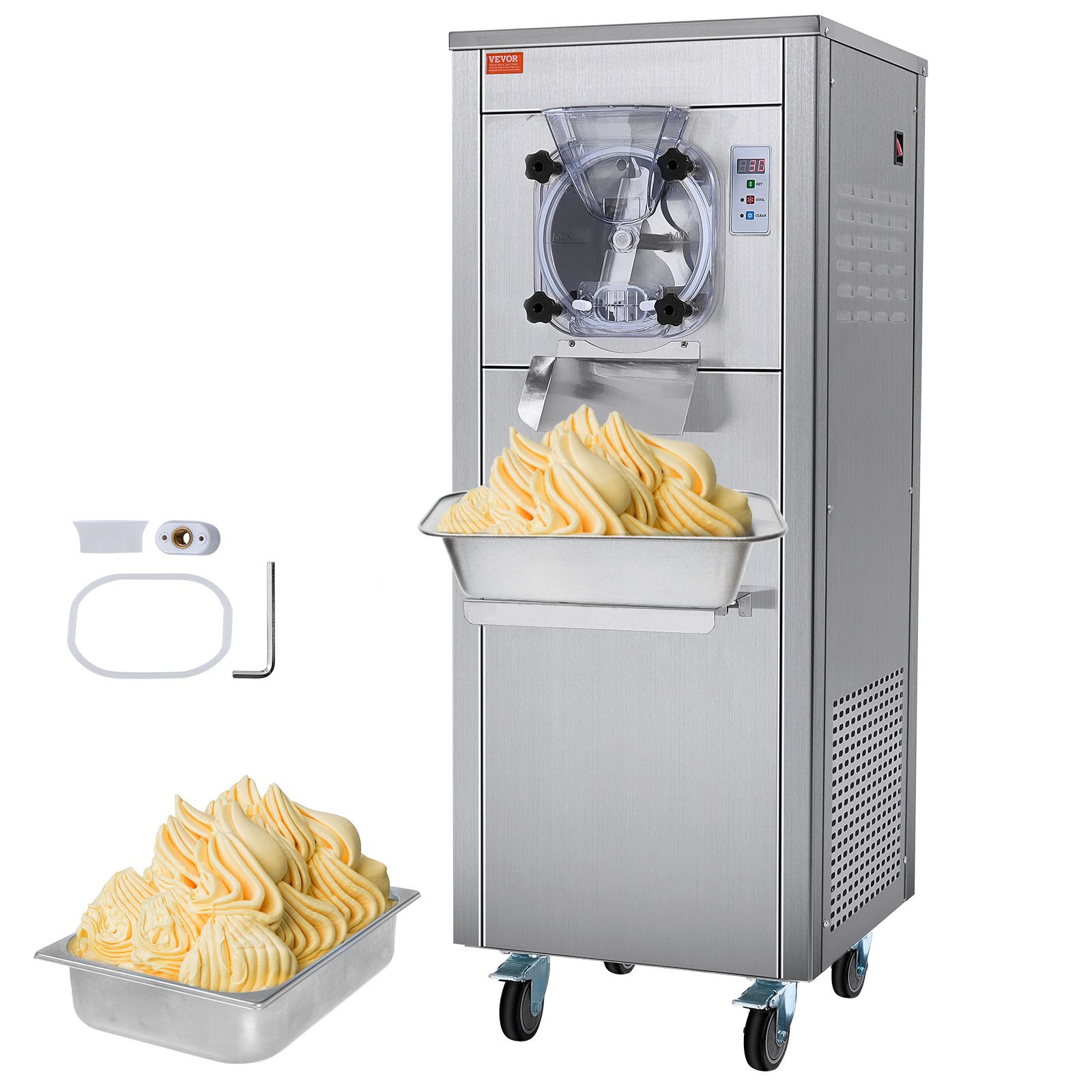 Kommerzielle Eismaschine, 18 L/h Leistung, Einzelgeschmacksrichtung Harteismaschine Mit Rädern, 6 L Edelstahlzylinder, LED-Panel, Automatische Vorkühlung Mit Reinigung, Für Restaurant-Snackbars