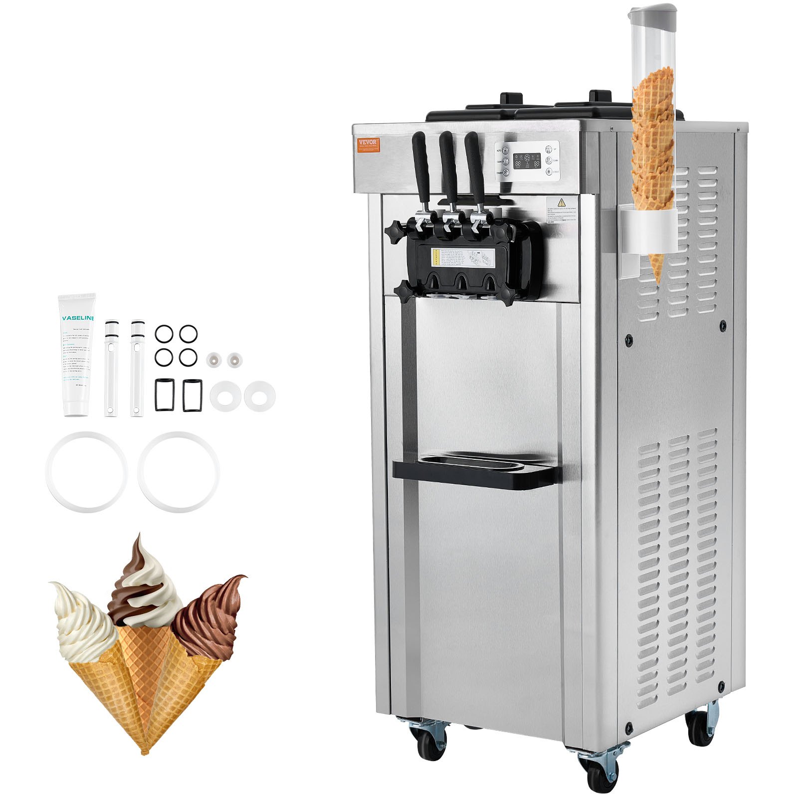 Kommerzielle Eismaschine Eiscreme-Maschine 21–31 L/h Freistehende Softeismaschine Mit 3 Geschmacksrichtungen, 2 X 4,3 L Edelstahlbehälter, LED-Panel, Automatische Reinigung, Kühlung Über Nacht - Image 1