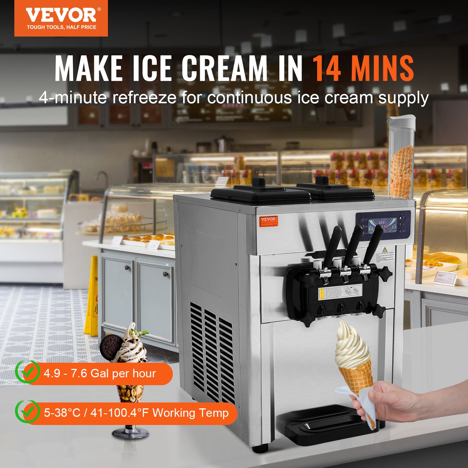 Kommerzielle Eismaschine 18–28 L/h, 3 Geschmacksrichtungen, Italienische Eismaschine, 2 X 5,5 L Trichter, LCD-Panel, Automatische Vorkühlung, Reinigung, Für Joghurt, Kaffee, Snackbar, Restaurant