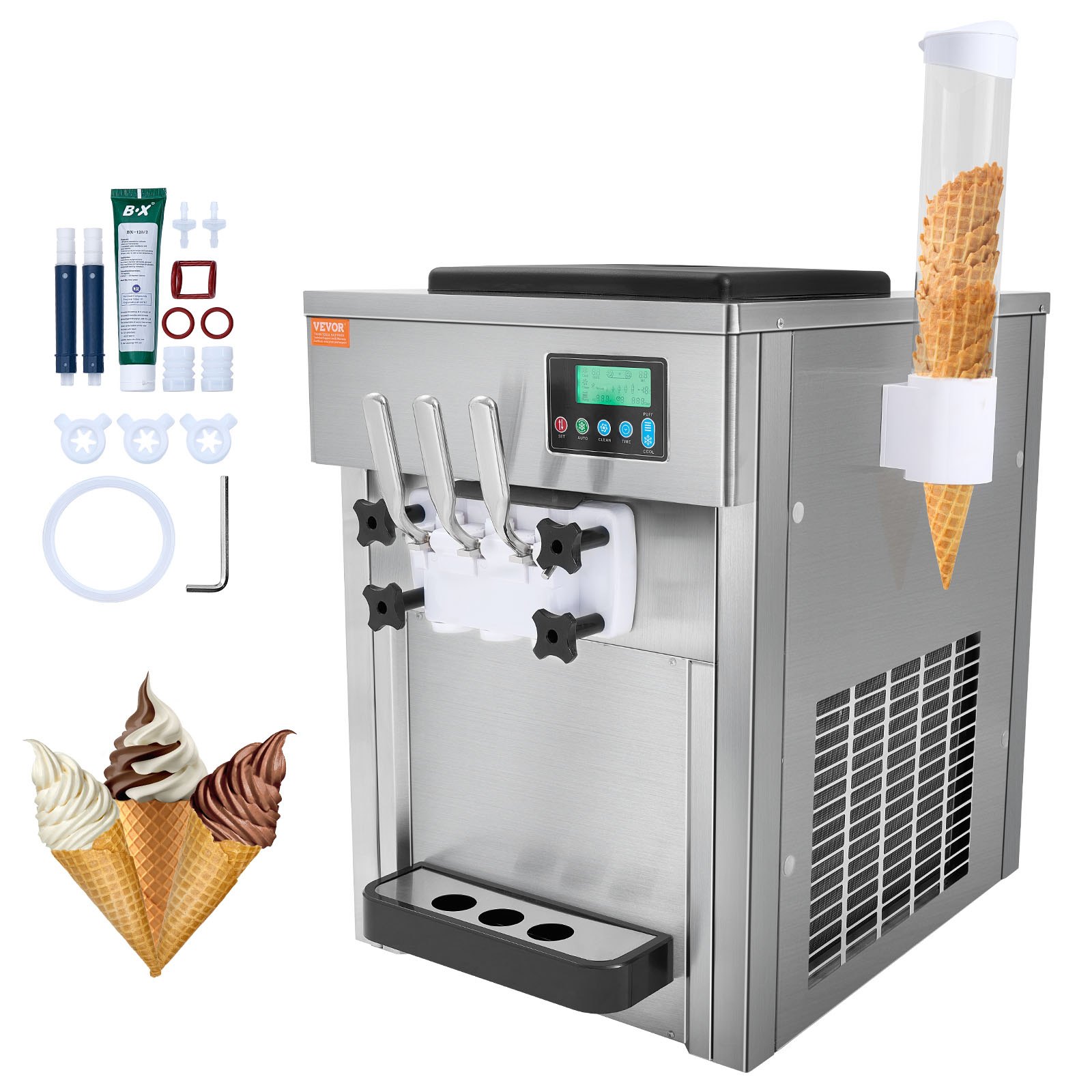 Kommerzielle Eismaschine, 1800 W, 3-Geschmacksrichtungen, Softeismaschine Arbeitsplatte, 2 X 4 L Trichter, 2 X 1,8 L Zylinder, LCD-Bildschirm, Automatische Reinigung, Vorkühlung