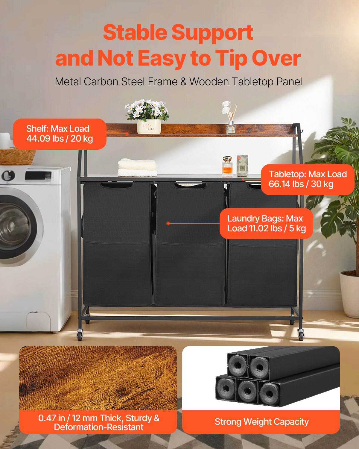 Wäschekorb – 3-teiliger Wäschesortierer (600D Oxford-Gewebe) & Holztischplatte, rollbarer Wäschekorb mit Leiterregalen, Wäschetrennsystem_voghion.com