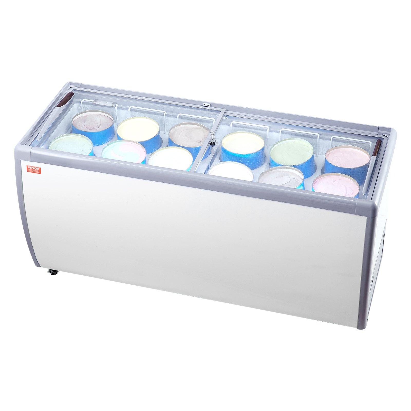 Kommerzielle Eiscreme-Vitrine, 567 L Gefriertruhe, Mobiler Tiefkühlschrank Mit Glasplatte, Restaurant-Gelato-Tauchschrank Mit 12 Großen Behältern, 2 Glasschiebetüren, Feststellrollen, Weiß