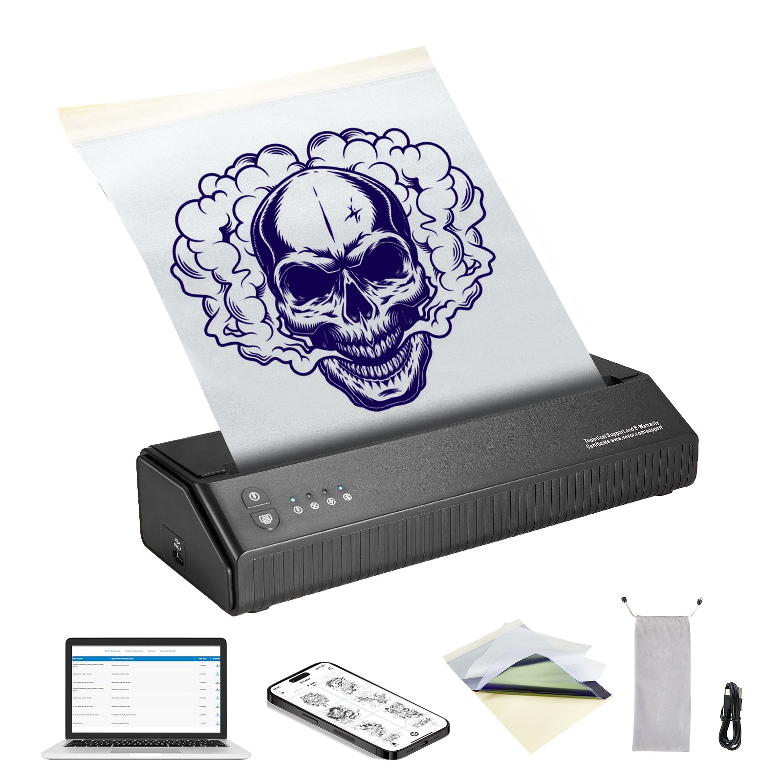 Tattoo-Transfer-Schablonendrucker, Kabelloser Bluetooth-Tattoo-Schablonendrucker Mit 10-teiligem Transferpapier Und Stoffbeutel, Tragbarer Tattoo-Drucker Für Android- Und IOS-Telefon