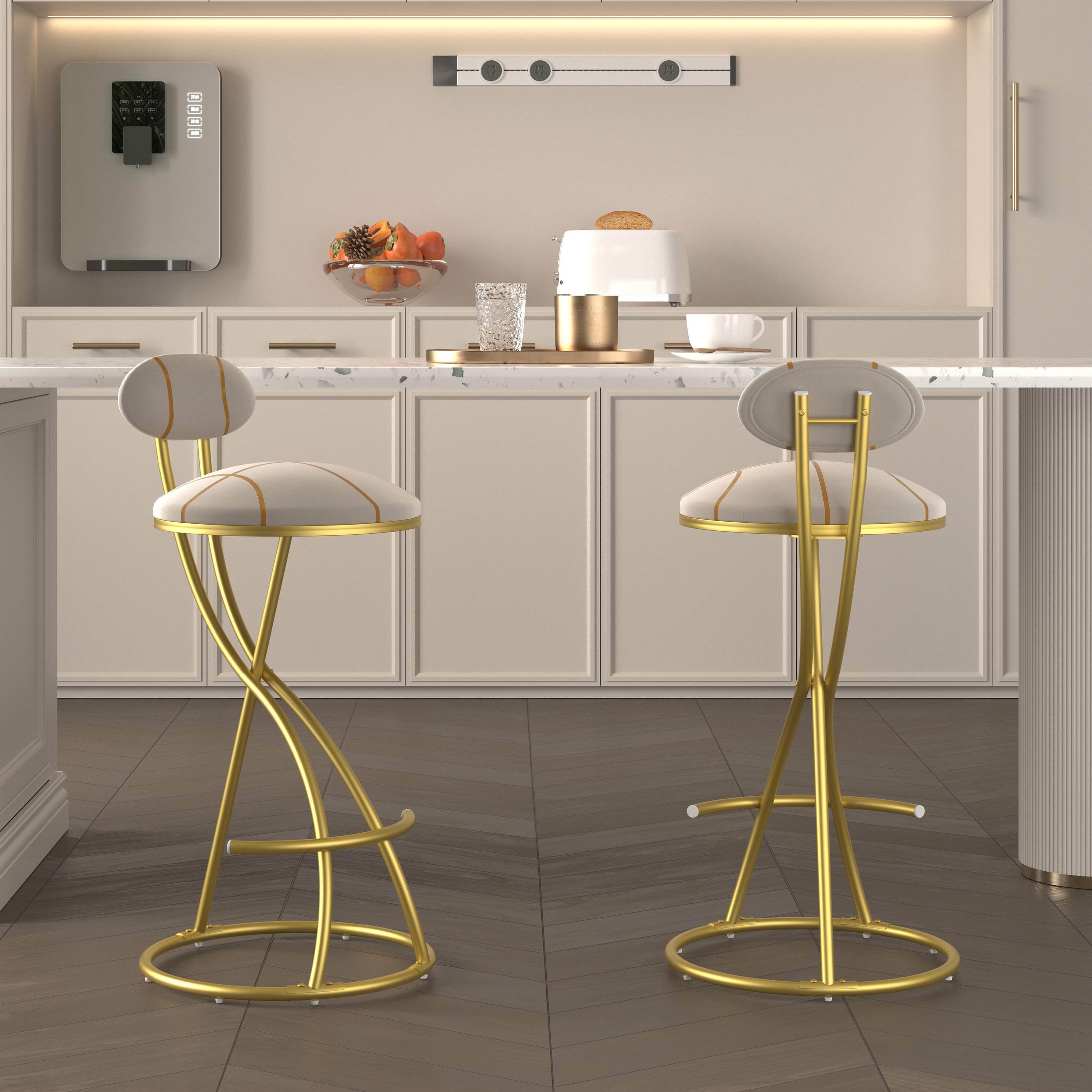 Round Bar Stools S-shaped Stripe Kitchen Stool Set Of 2 Modern Velvet Upholstered Counter Chair For Dining Room Gold Stripe - Image 1