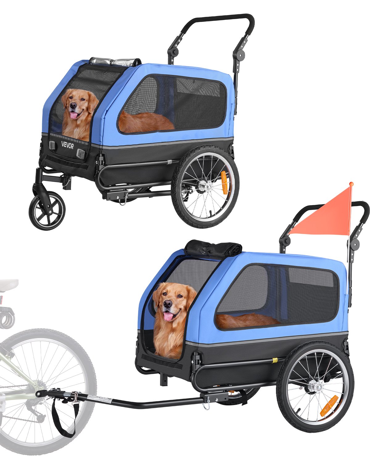 Hundeanhänger – 40 kg Tragkraft, 2-in-1-Fahrradanhänger für kleine und große Hunde, faltbarer Rahmen mit Rädern, universelle Fahrradkupplung, inklusive Fahne_voghion.com