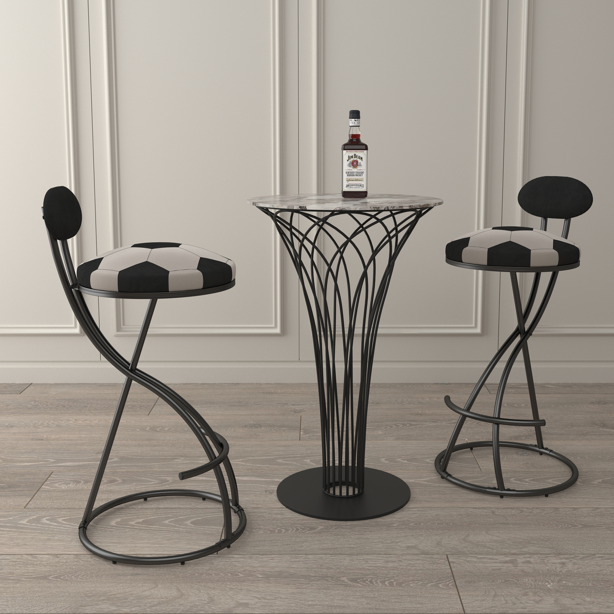 Upholstered S-shaped Barstools Set Of 2 Velvet Counter Bar Stools Football Print Round Dining Stool For Kitchen & Living Room Black Frame Black Back