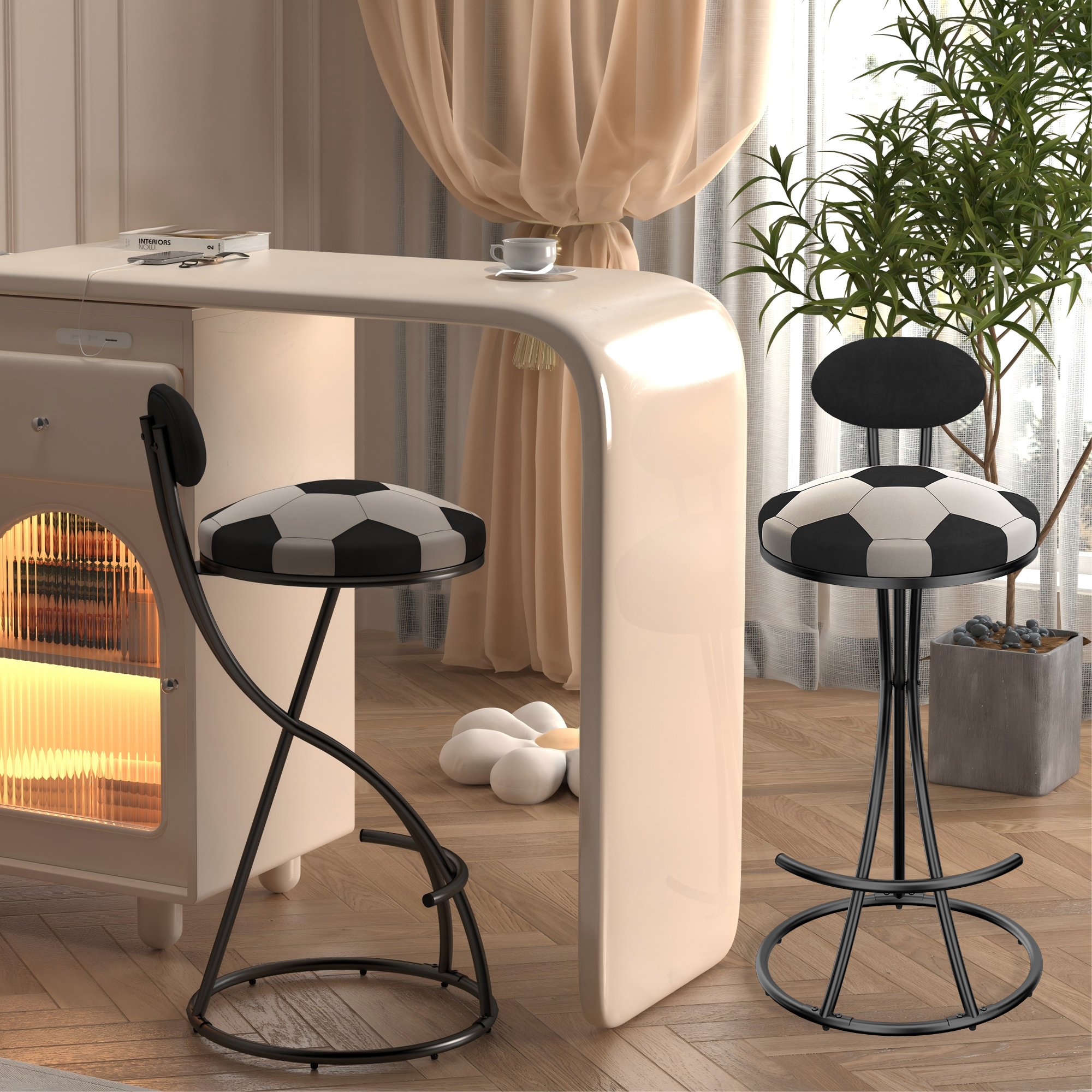Upholstered S-shaped Barstools Set Of 2 Velvet Counter Bar Stools Football Print Round Dining Stool For Kitchen & Living Room Black Frame Black Back - Image 1