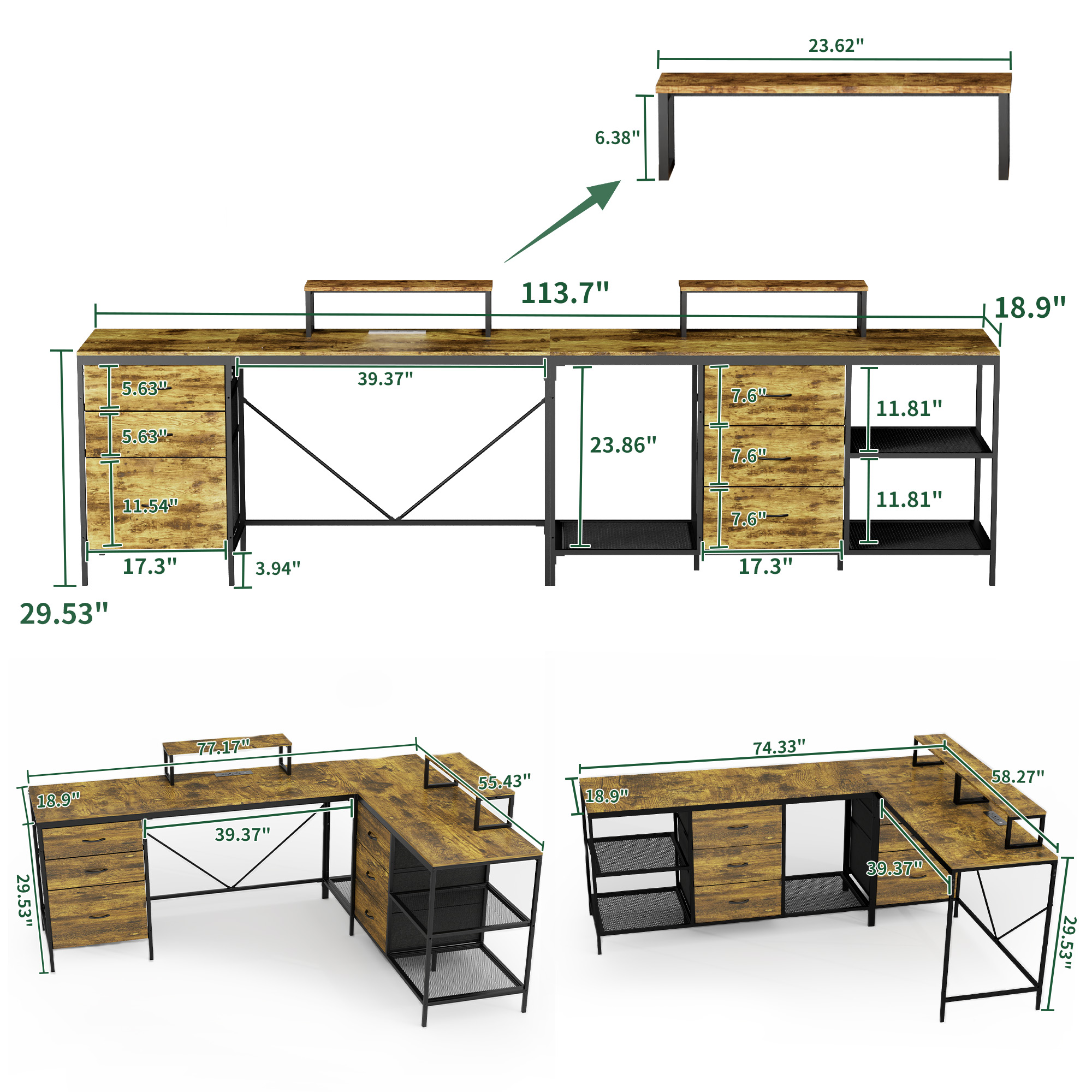 114 Inch L-Shaped Desk With Power Outlets & USB-C, Industrial Computer Desk With 6 Fabric Drawers, 3 Open Shelves & Movable Monitor Stands, Large Corner Office Desk For Gaming, Rustic Brown